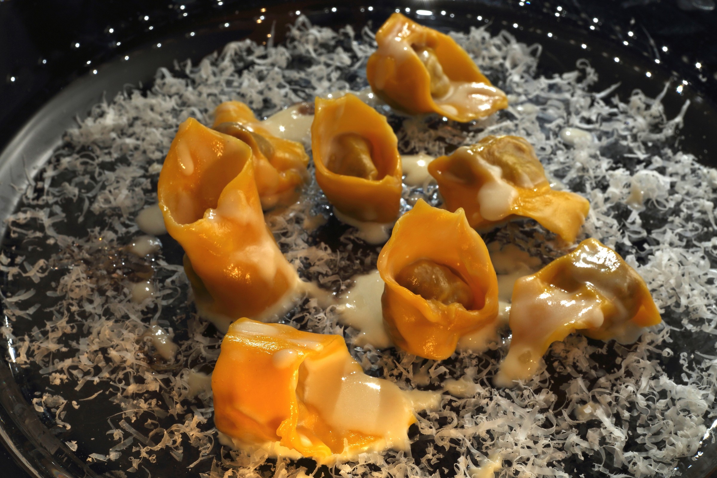 Tortellini cow vieja, parmesan cherry reduction