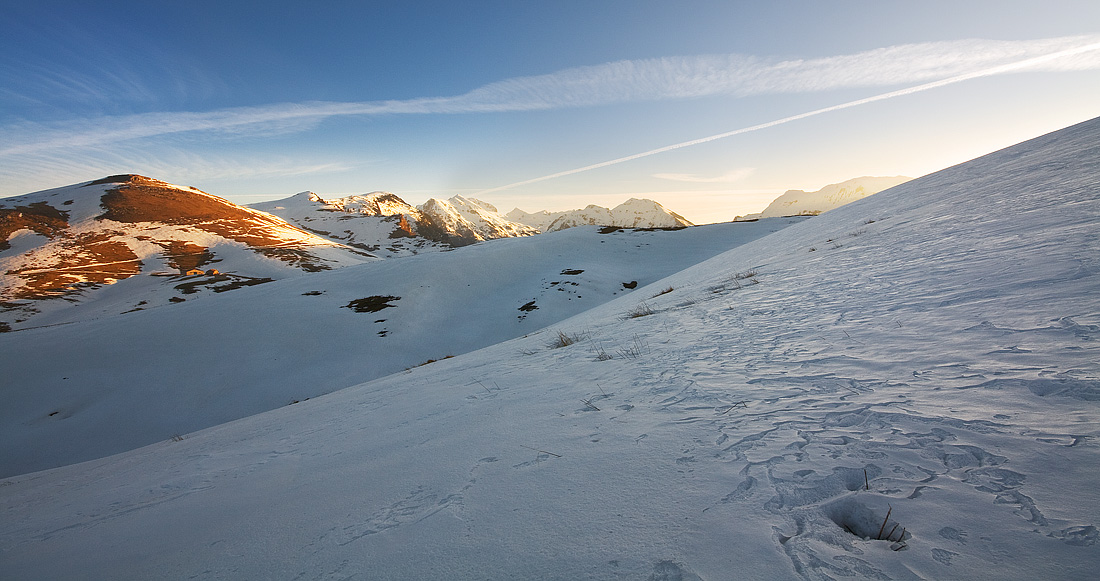 Sunrise on the step Malera, Lessinia.
