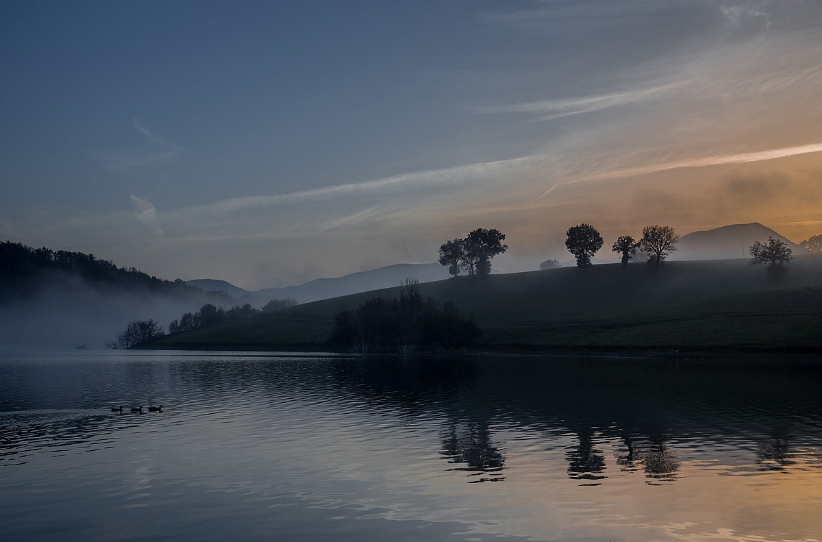 foggy sunset at the lake