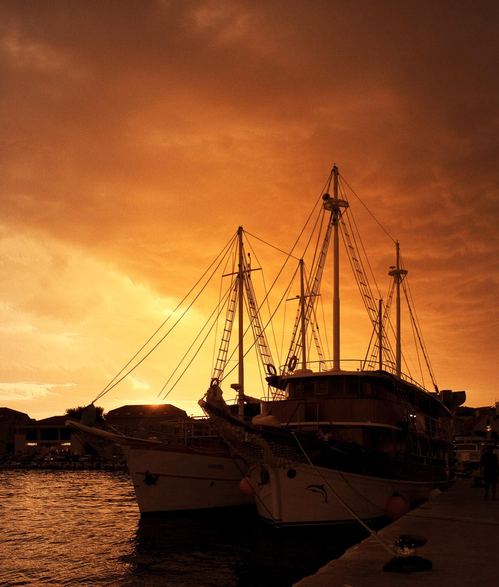 sunset at the port after storm