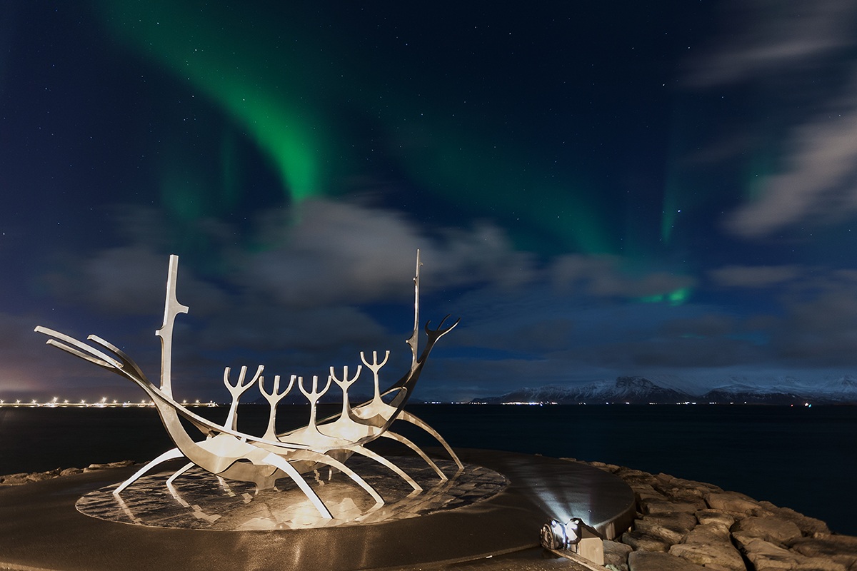 Sun Voyager and northern lights in Reykjavik