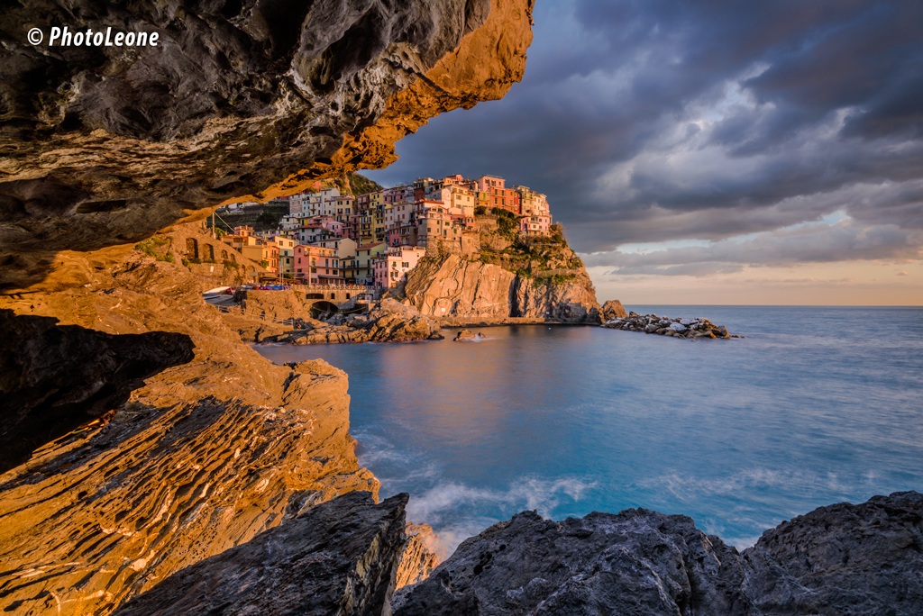 Manarola illuminated by the sunset in winter.