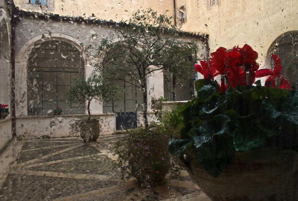Outside, in the cloister, it rains.