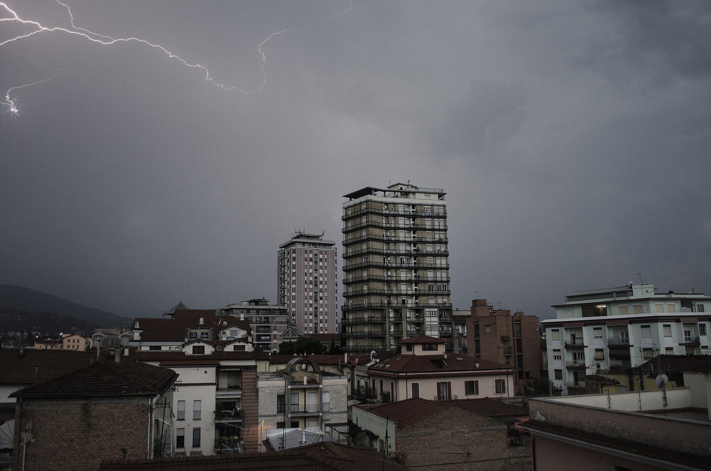Lightning, skyscrapers.