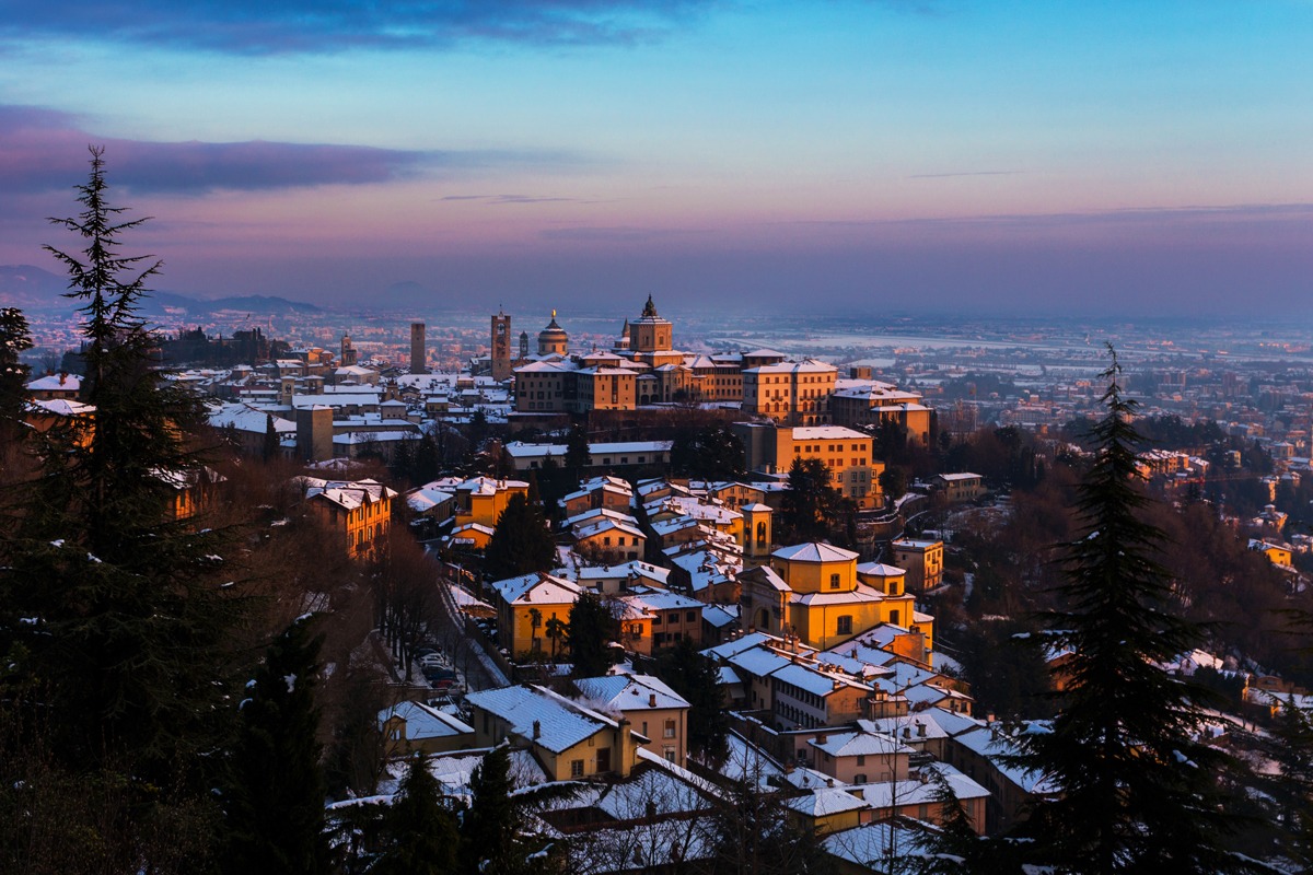 Sunset on a snowy Bergamo