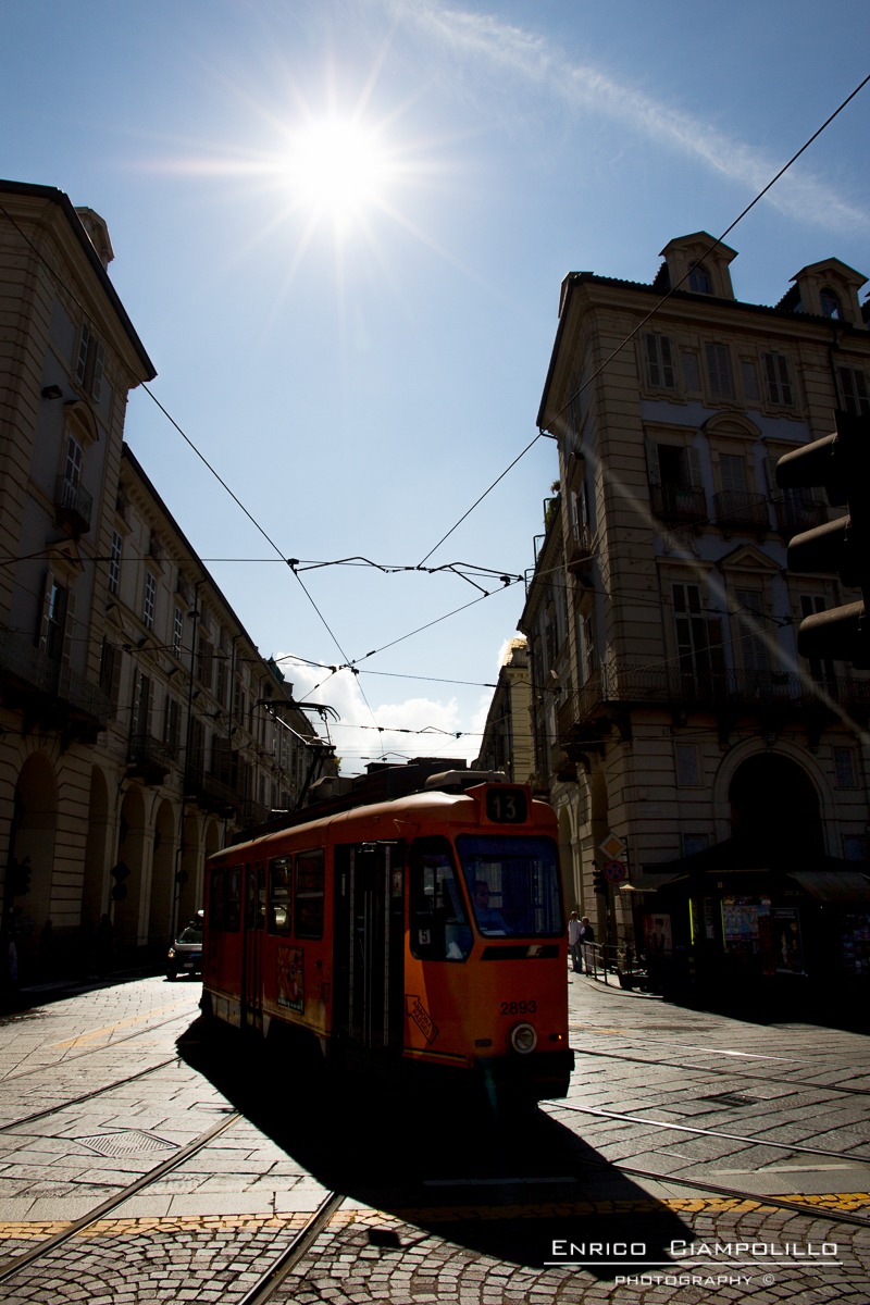 Torino tram against light