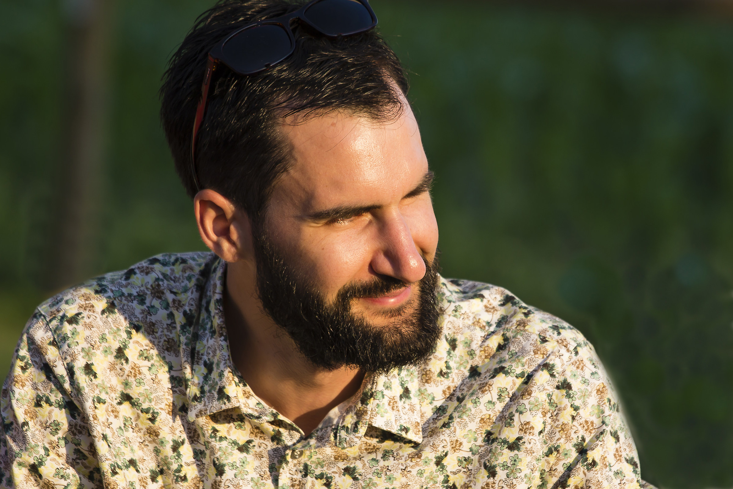 Sorriso enigmatico, sguardo verso il tramonto