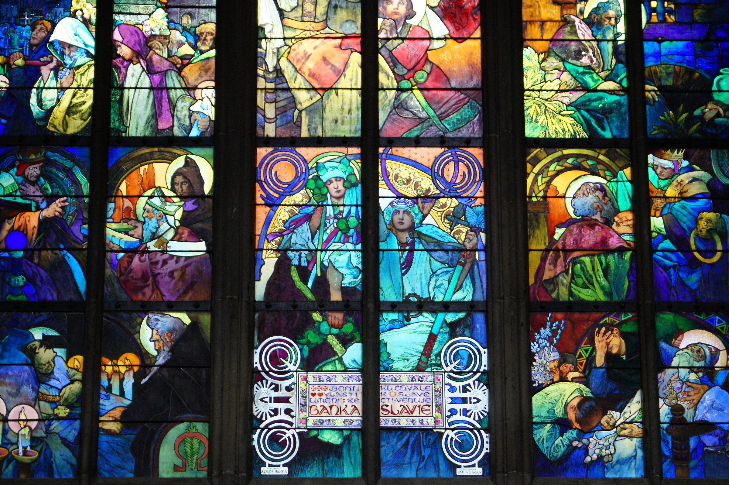 Stained glass window of Mucha