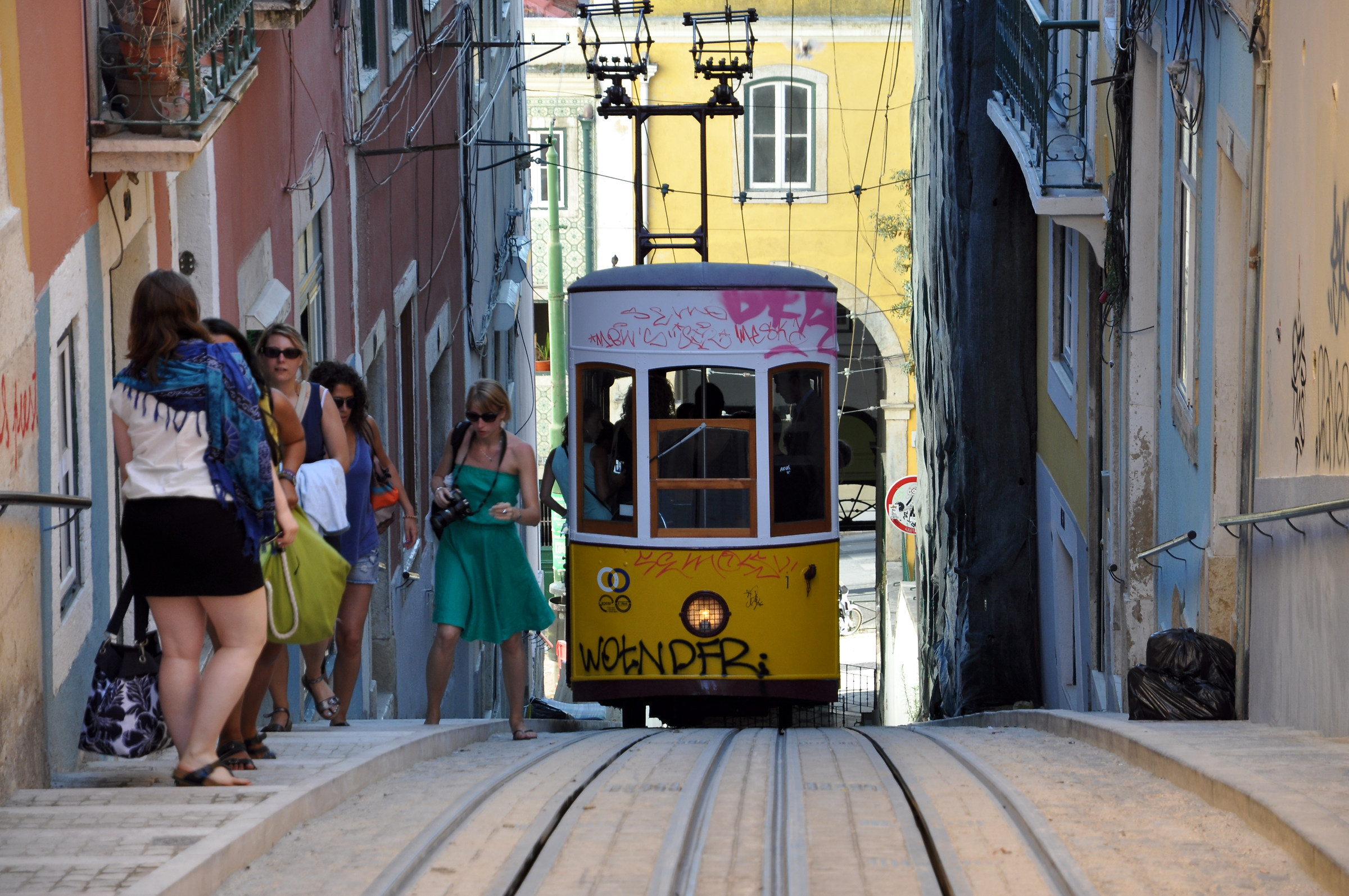 Elevador da Bica and tourists.