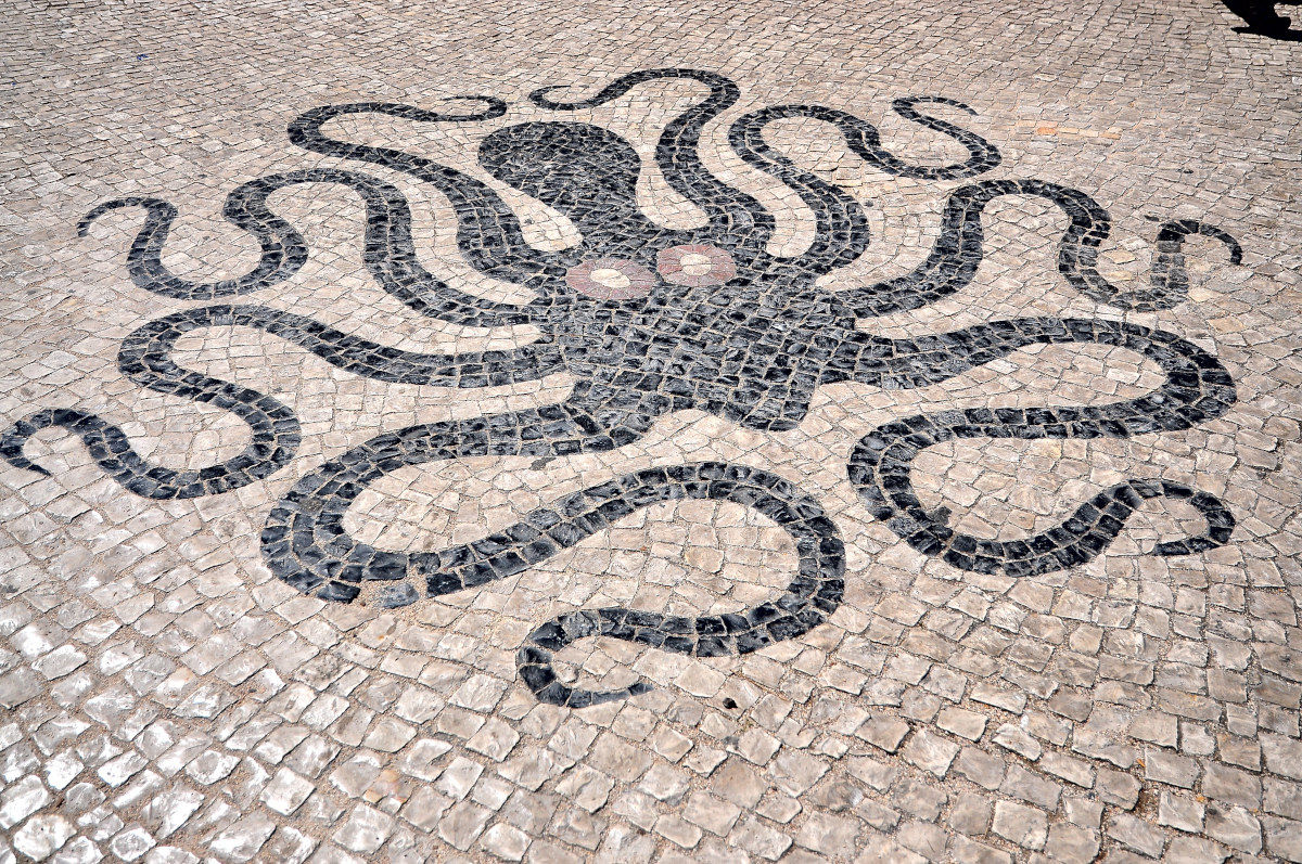 Mosaic octopus on the pavement.