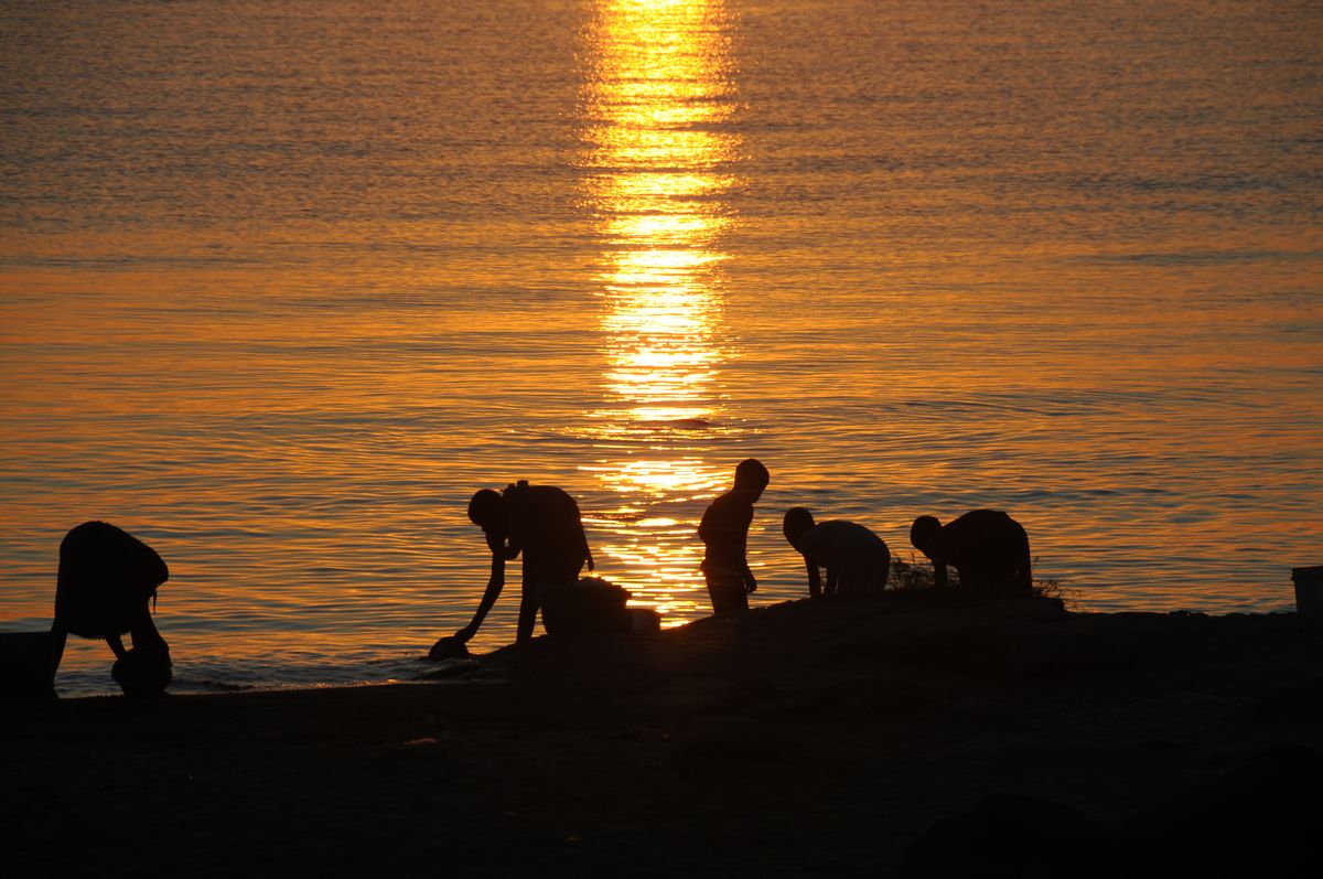 lavori all'alba sulle rive del lago Malawi