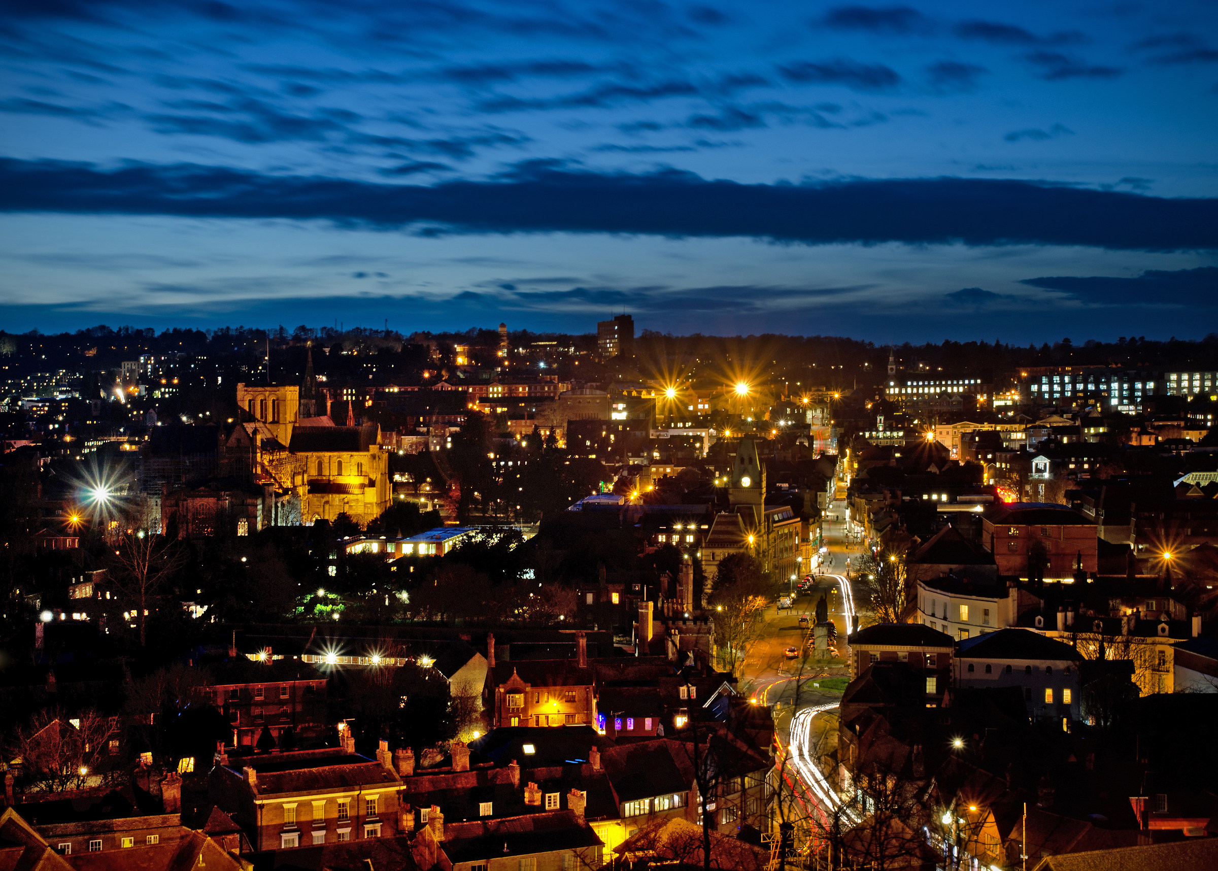 Winchester & Cathedral, Dusk, from St Giles Hill