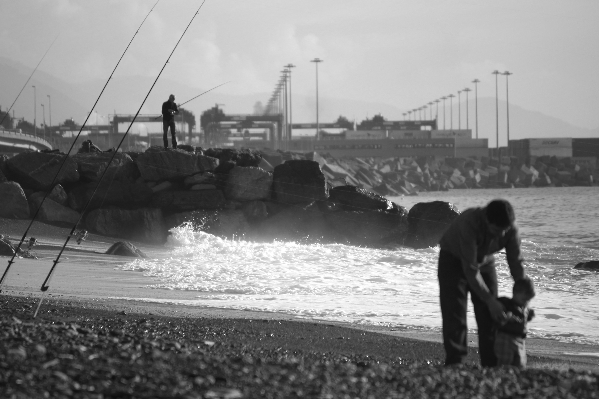 Grandfather, grandson, sea