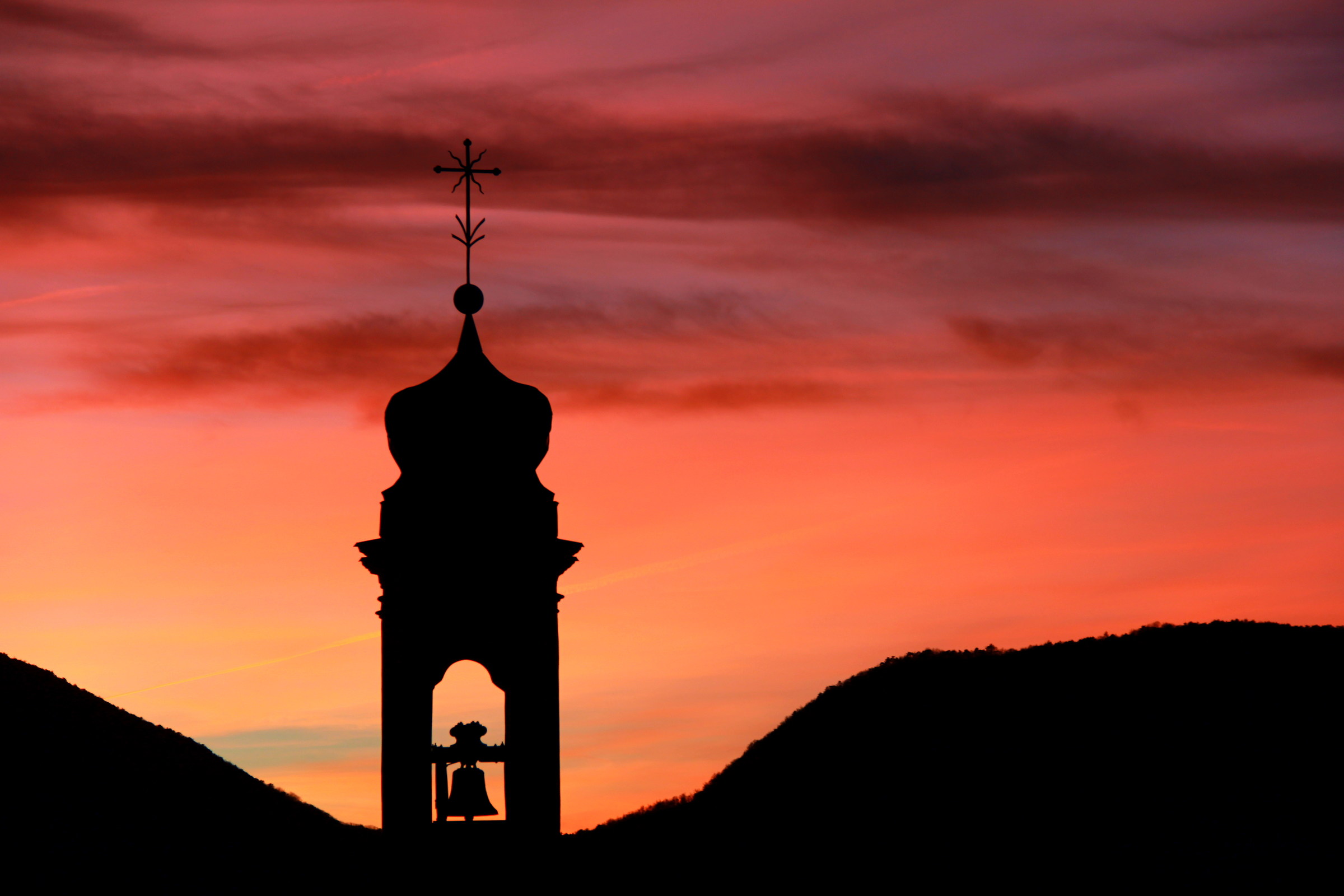 The steeple of the church desecrated