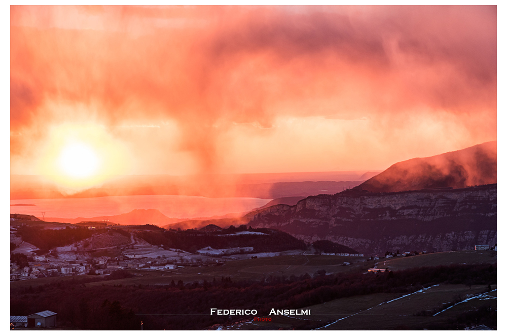 Fiery sunset with lake view