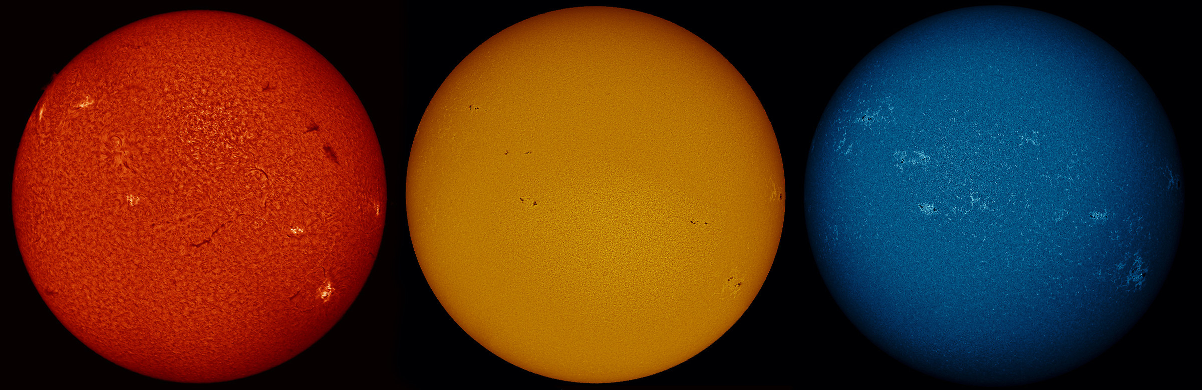 Sun 04-02 H-alpha 656nm, Continuum 540nm, CaK 393 nm