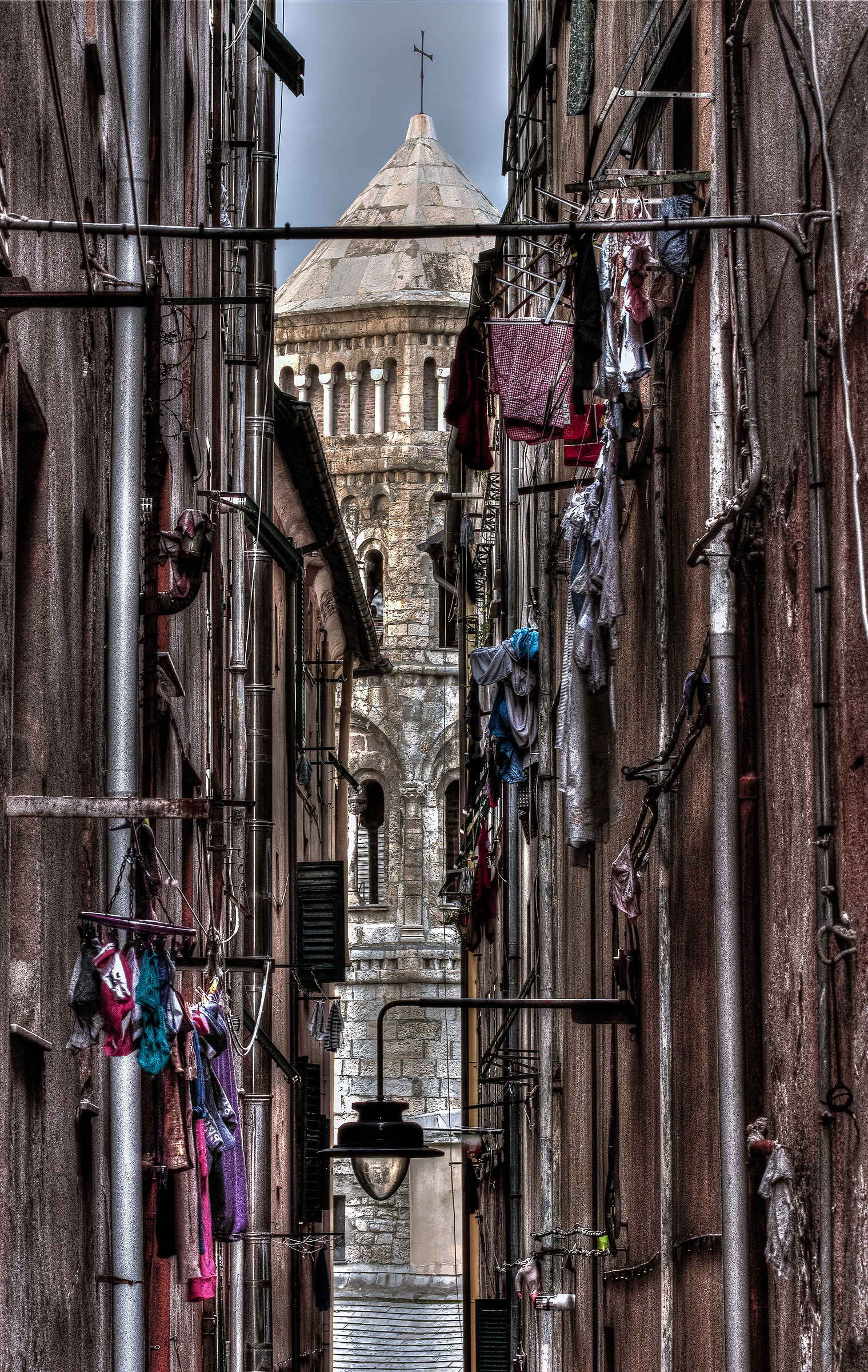 Campanile of San Donato in the narrow alleys (Genoa)