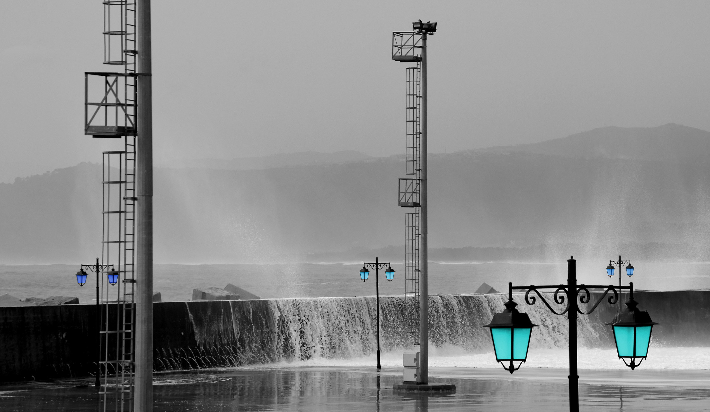 Hopes of celestial lights in the gray port in a storm