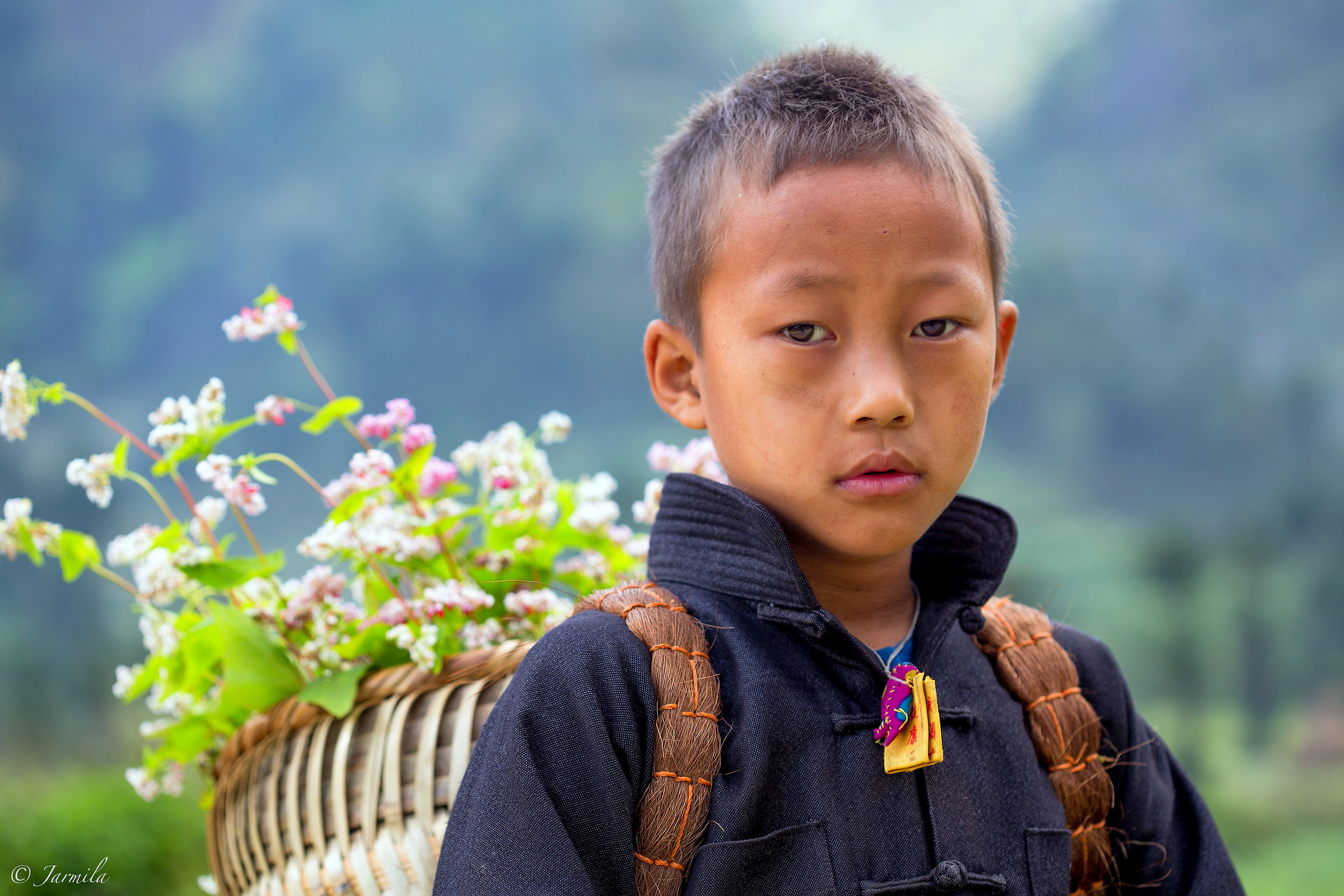 The Hmong boy with flower basket