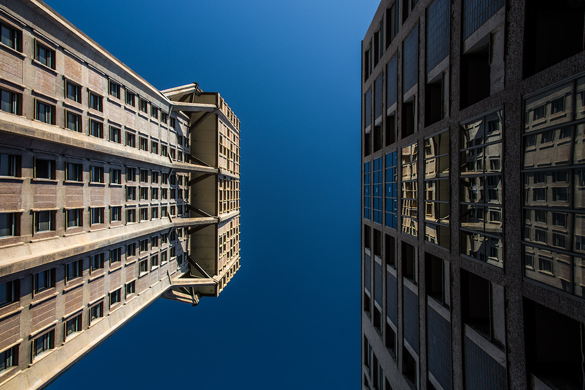 The tower is reflected