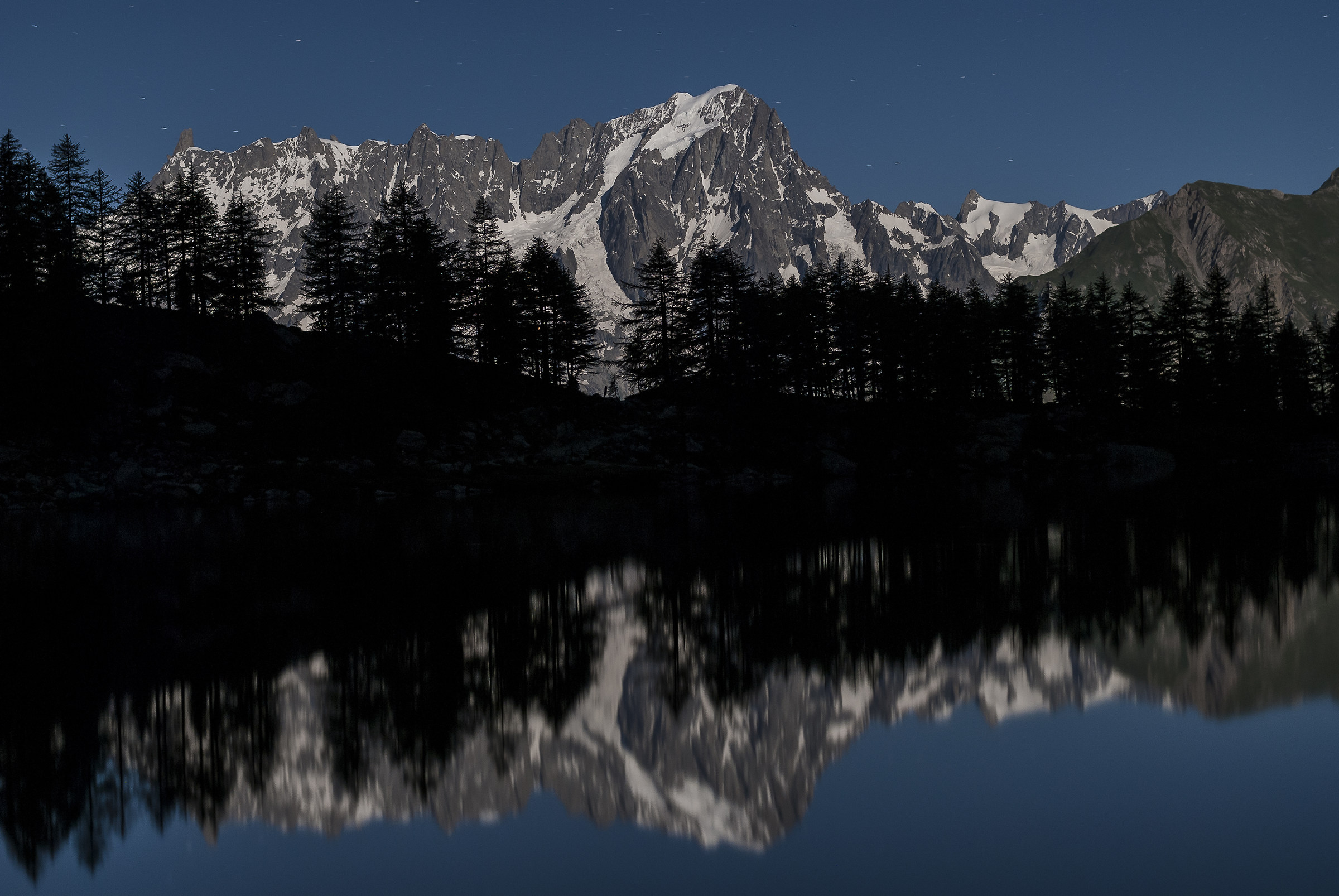Mont Blanc at night from the lake Arpy
