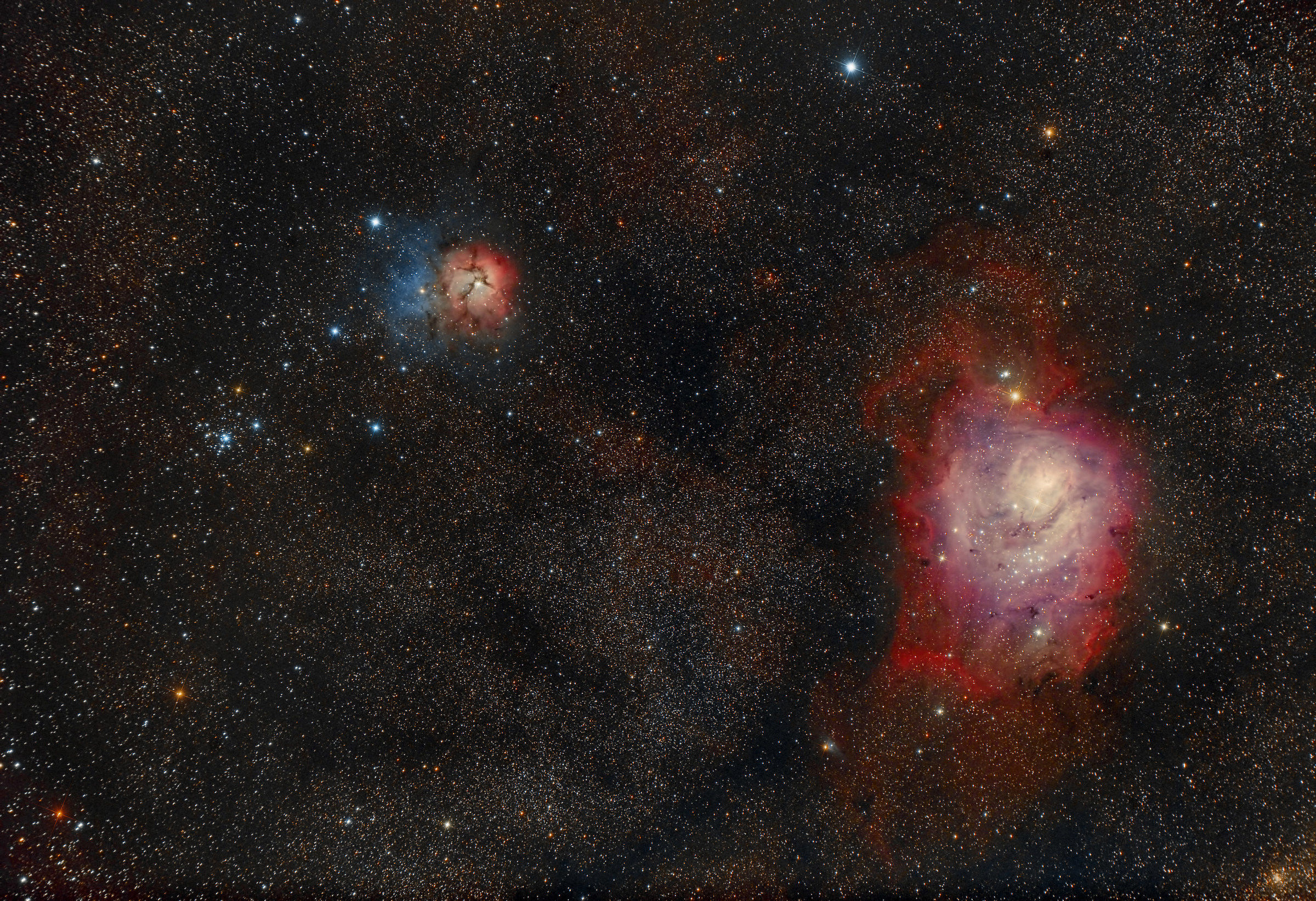 Nebulose Laguna e Trifida, elaborazione by Vega