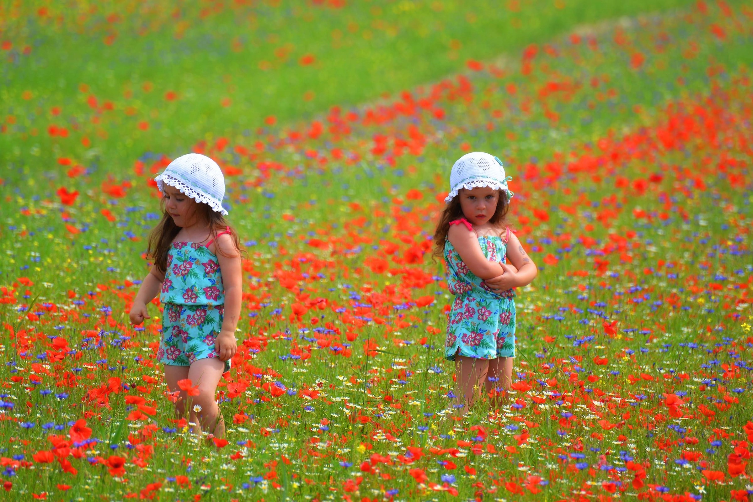 The twins among the flowers