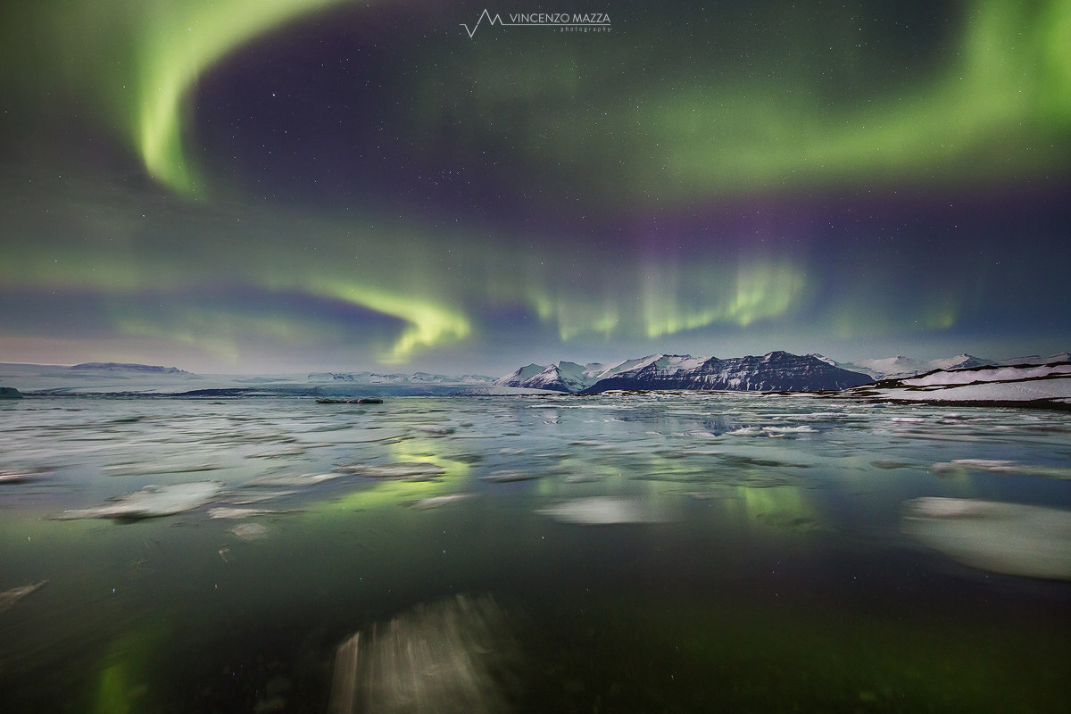 Aurora on glacial lagoon