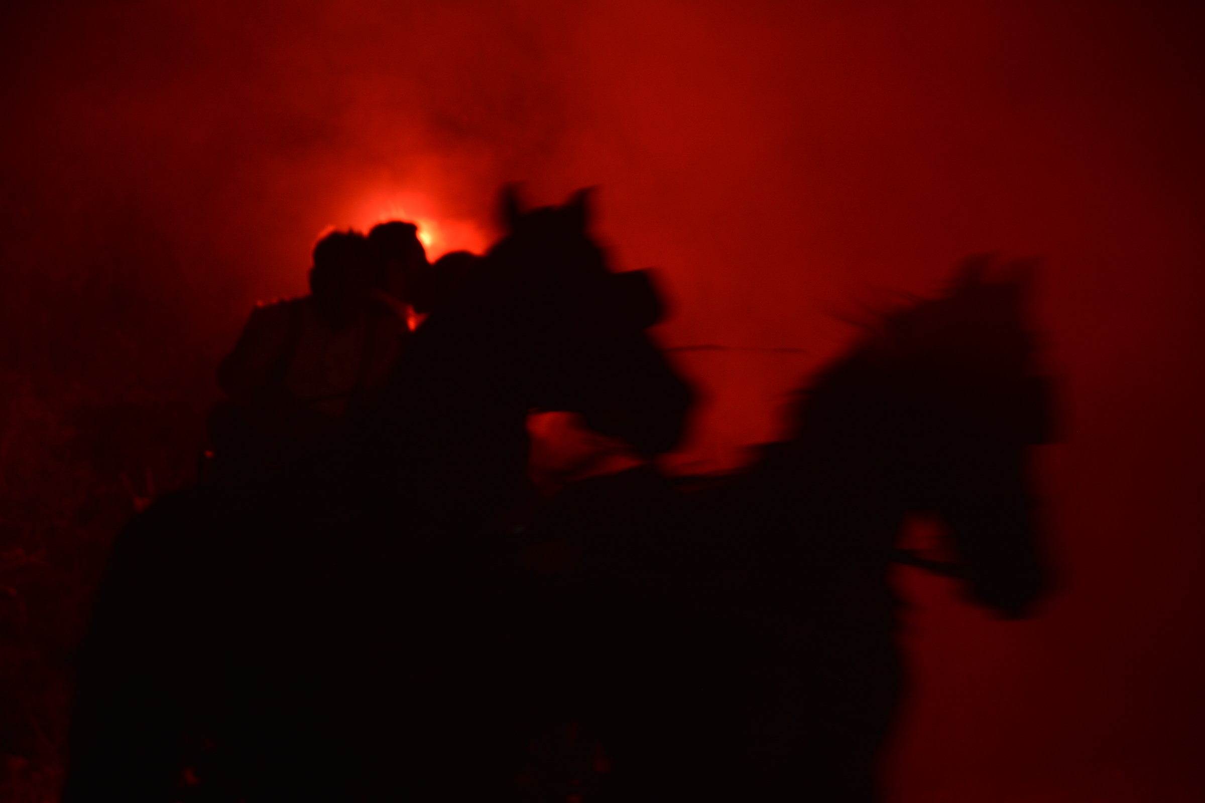 esibizione notturna di cavalli con fumogeni