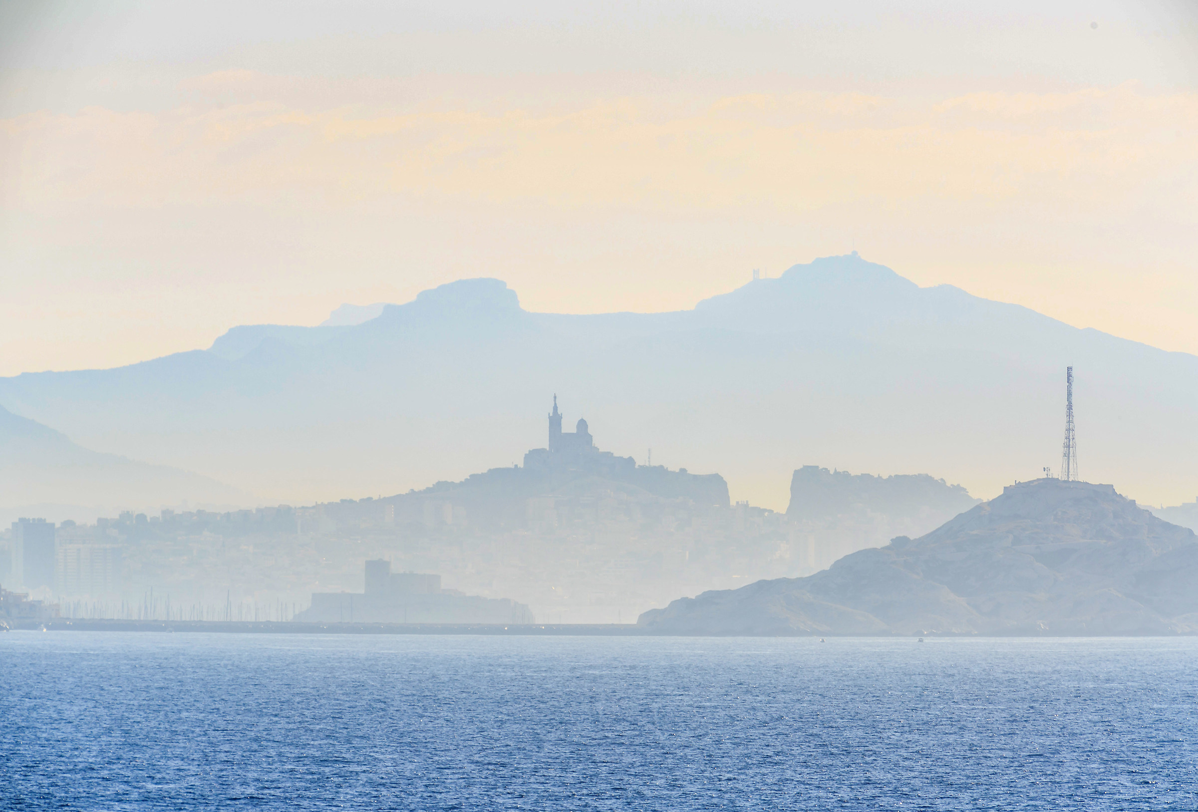 Marseille-View from the sea in the mist
