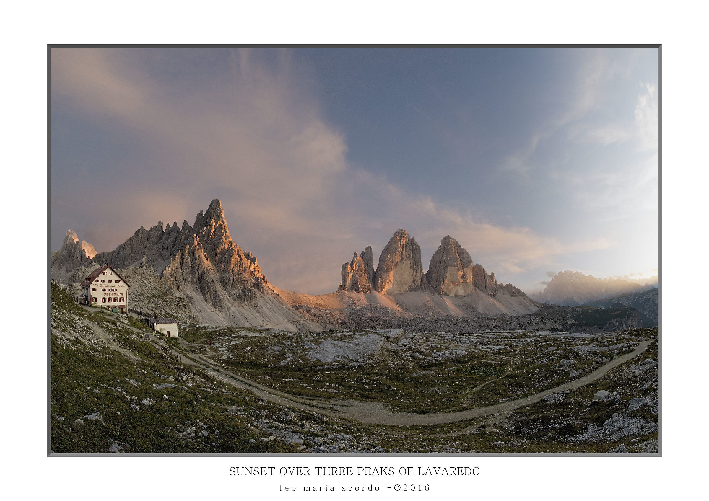 Sunset over three peaks of Lavaredo