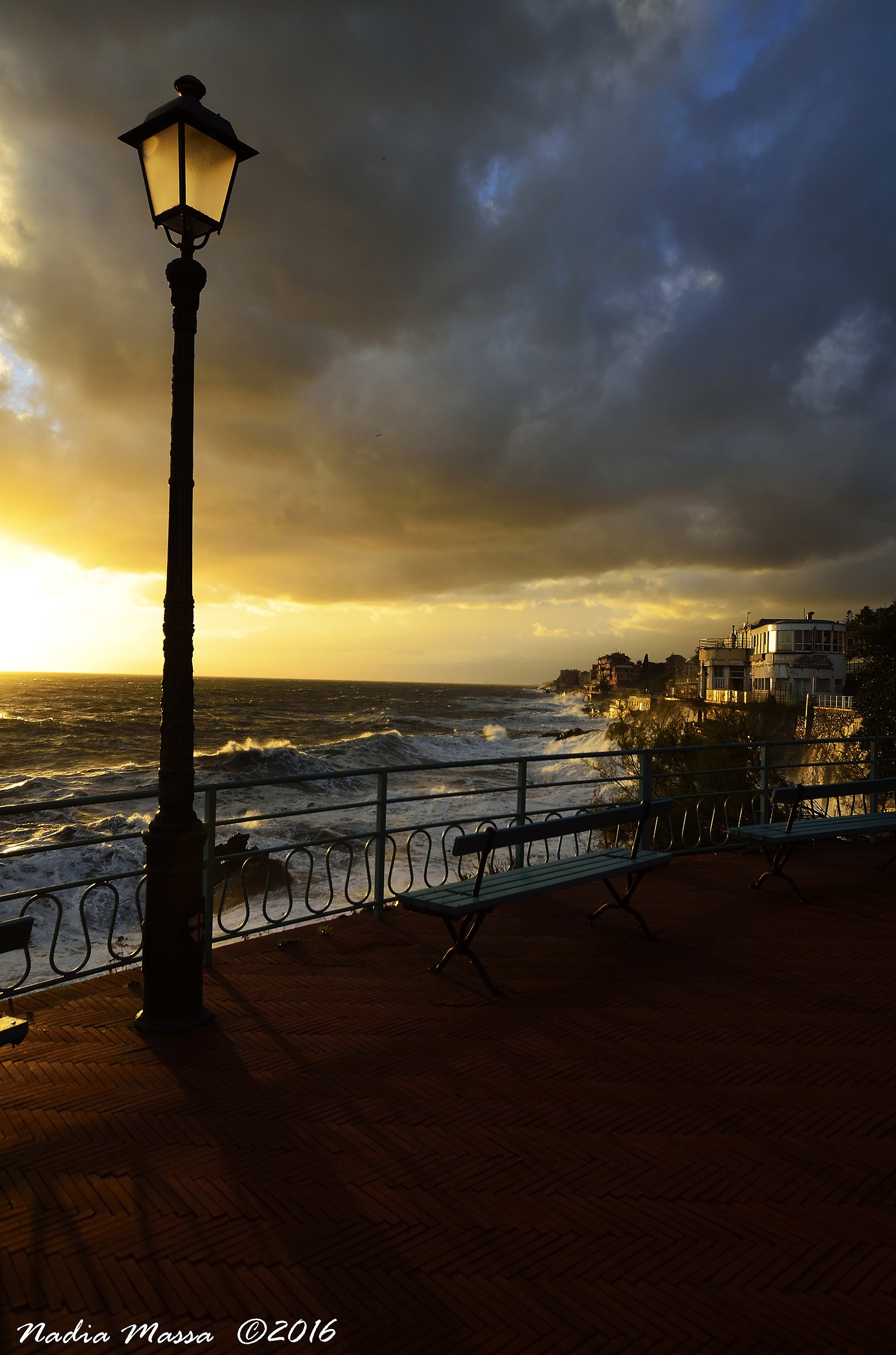The lamppost and the bench.