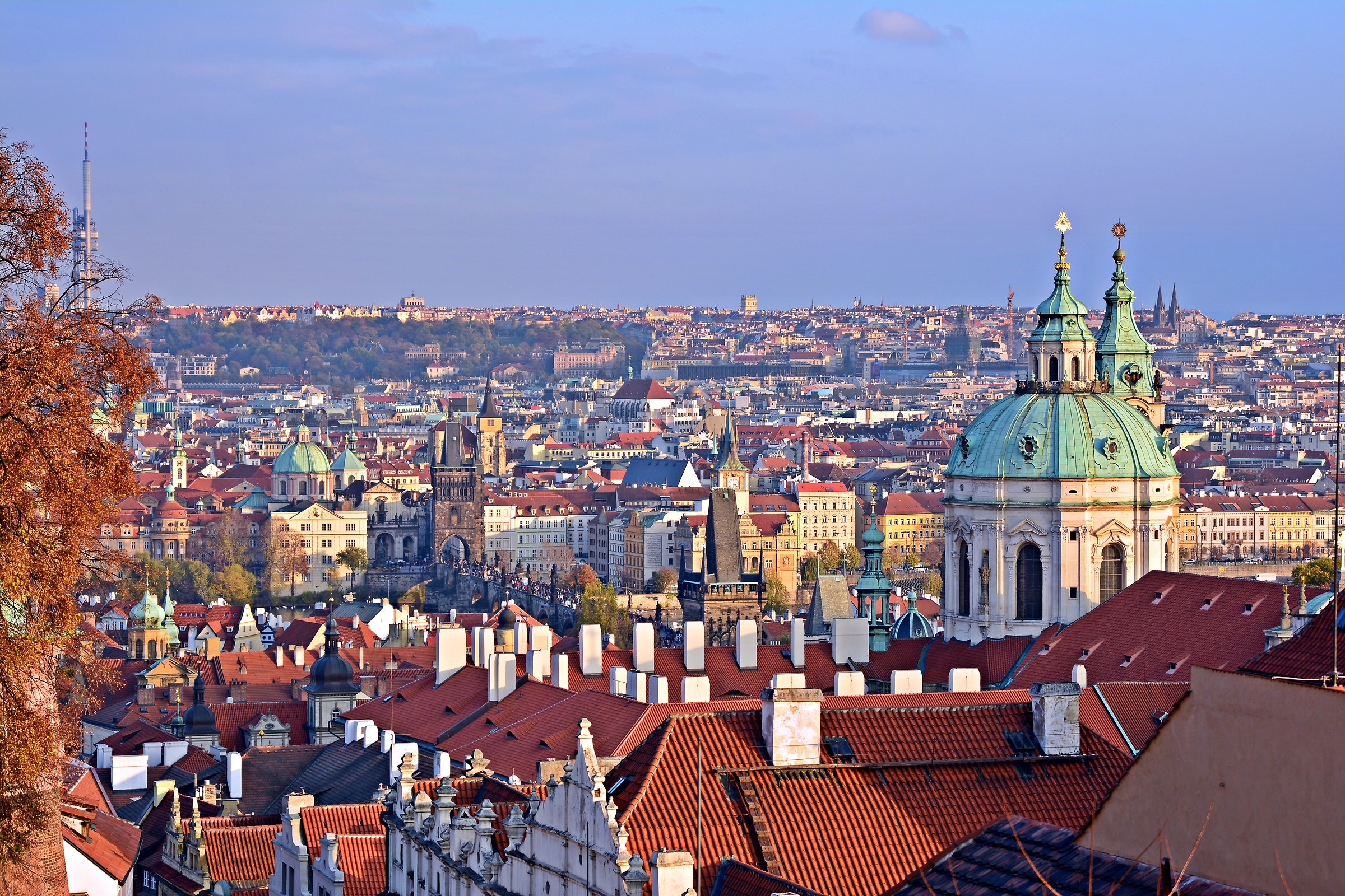 Prague roofs at sunset