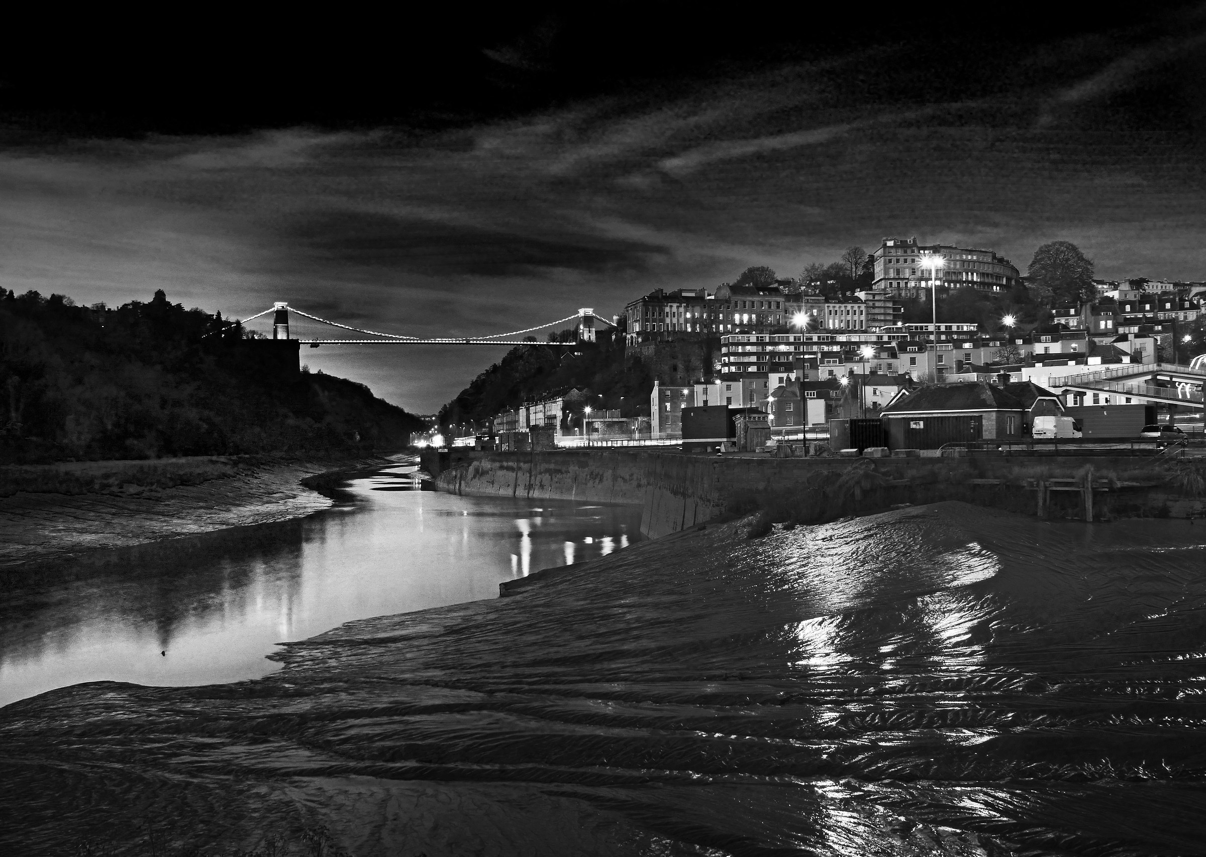 Ponte sospeso di Clifton Brunel, Imbrunire, B & W