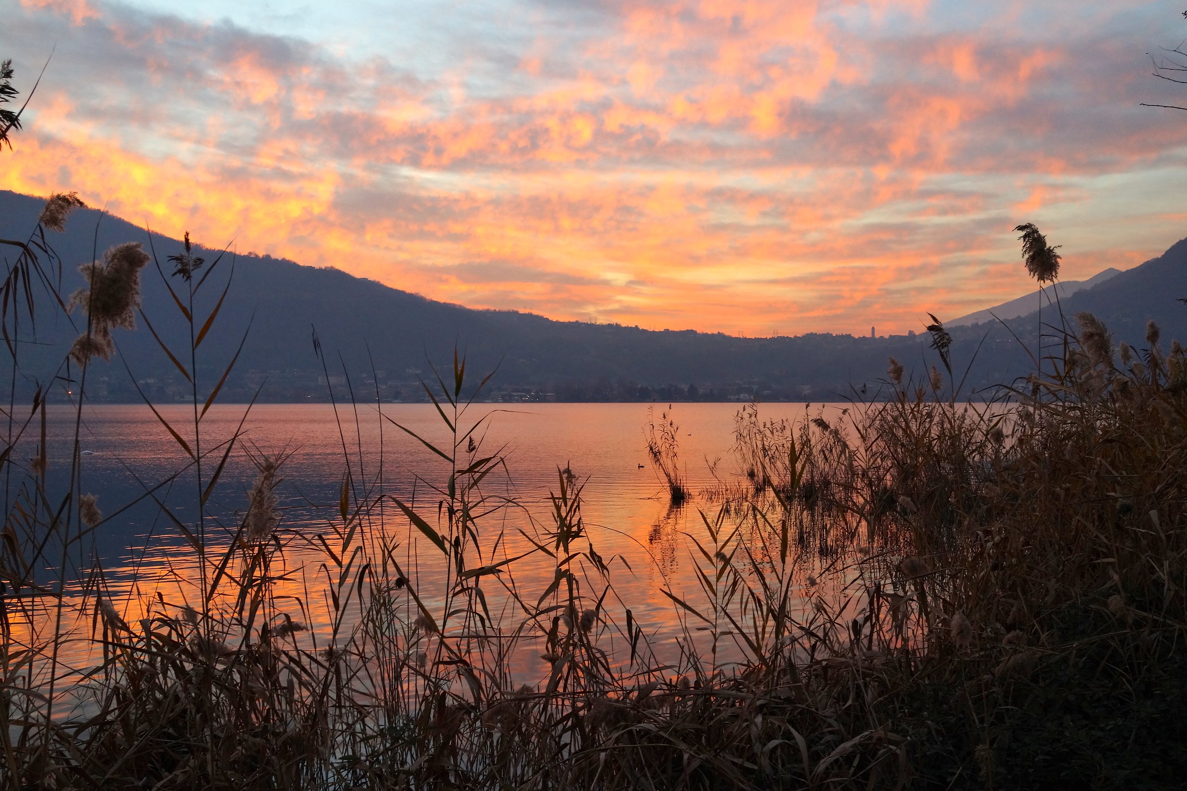 tramonto invernale, lago di Garlate