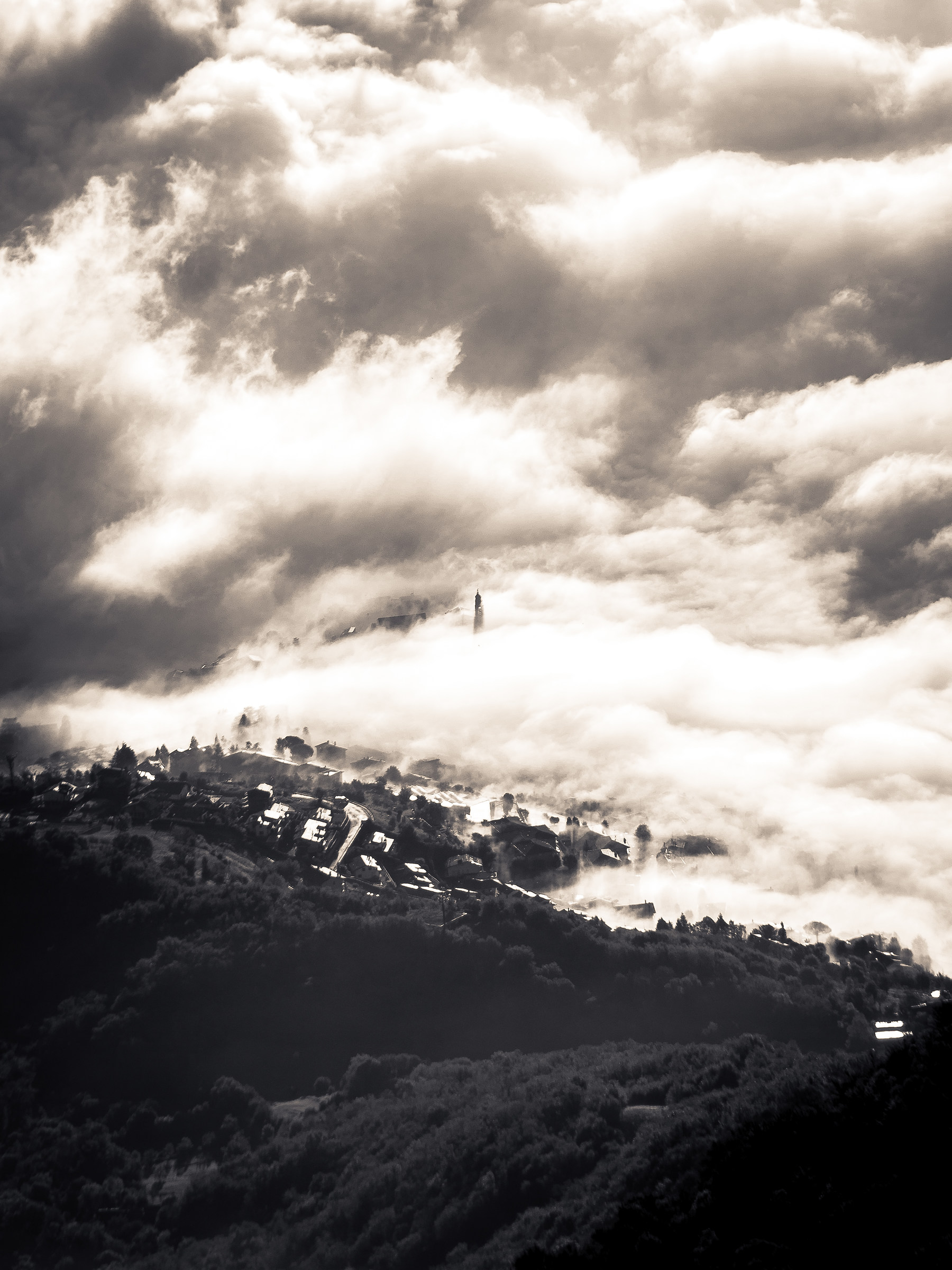 Bell tower in the fog