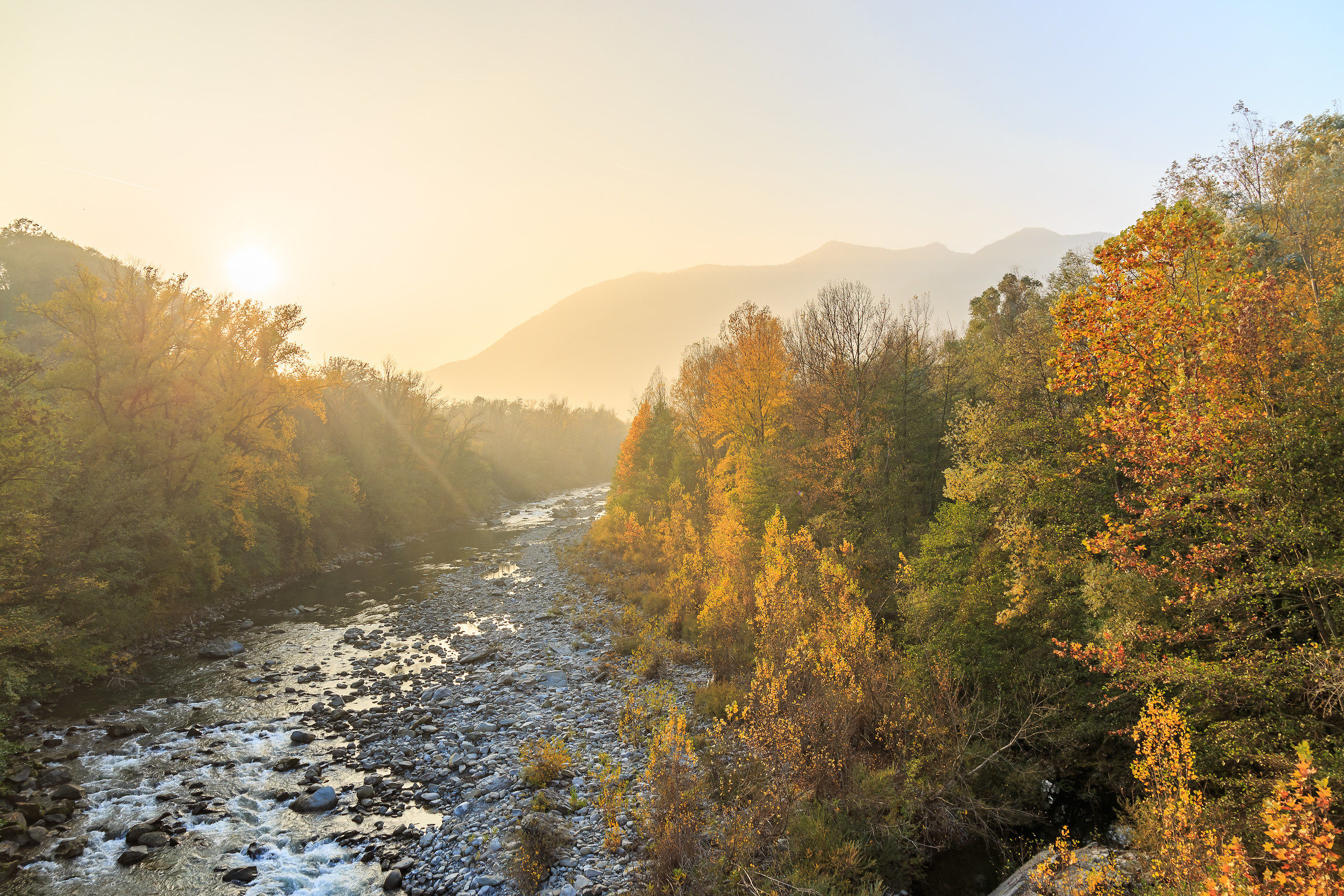 Autumn sunset on the Rhine river near Vergato