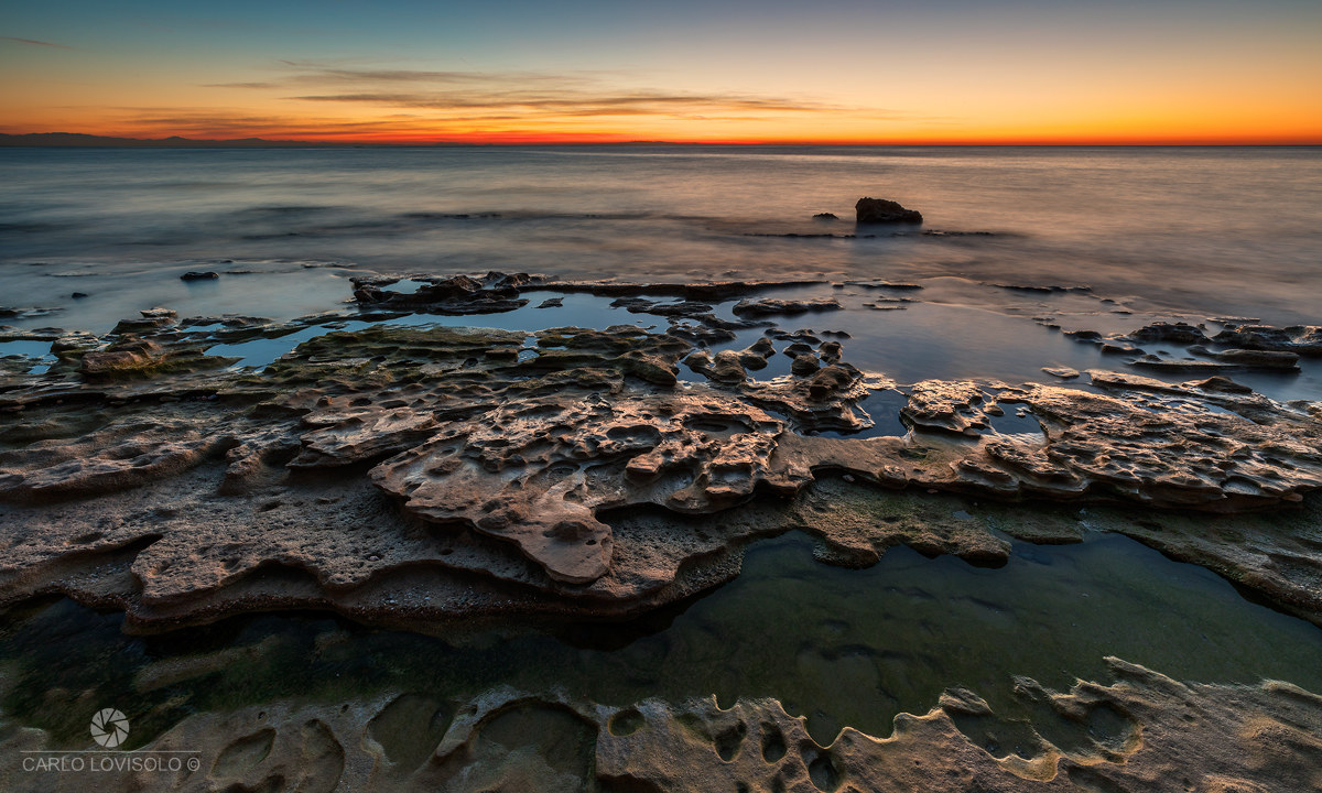 Ligurian Sea petrified beach at dawn