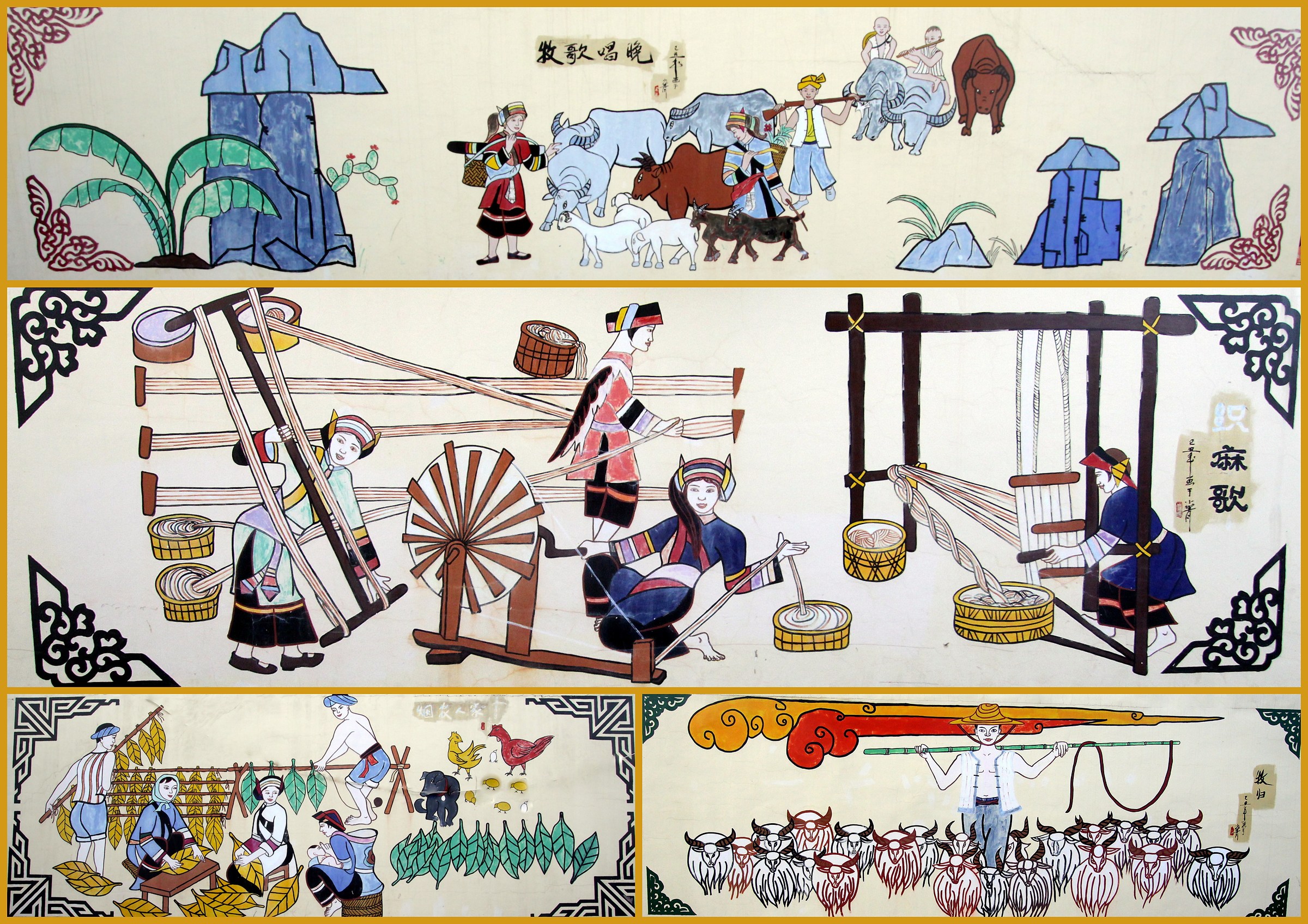 Collage facades of houses in the village