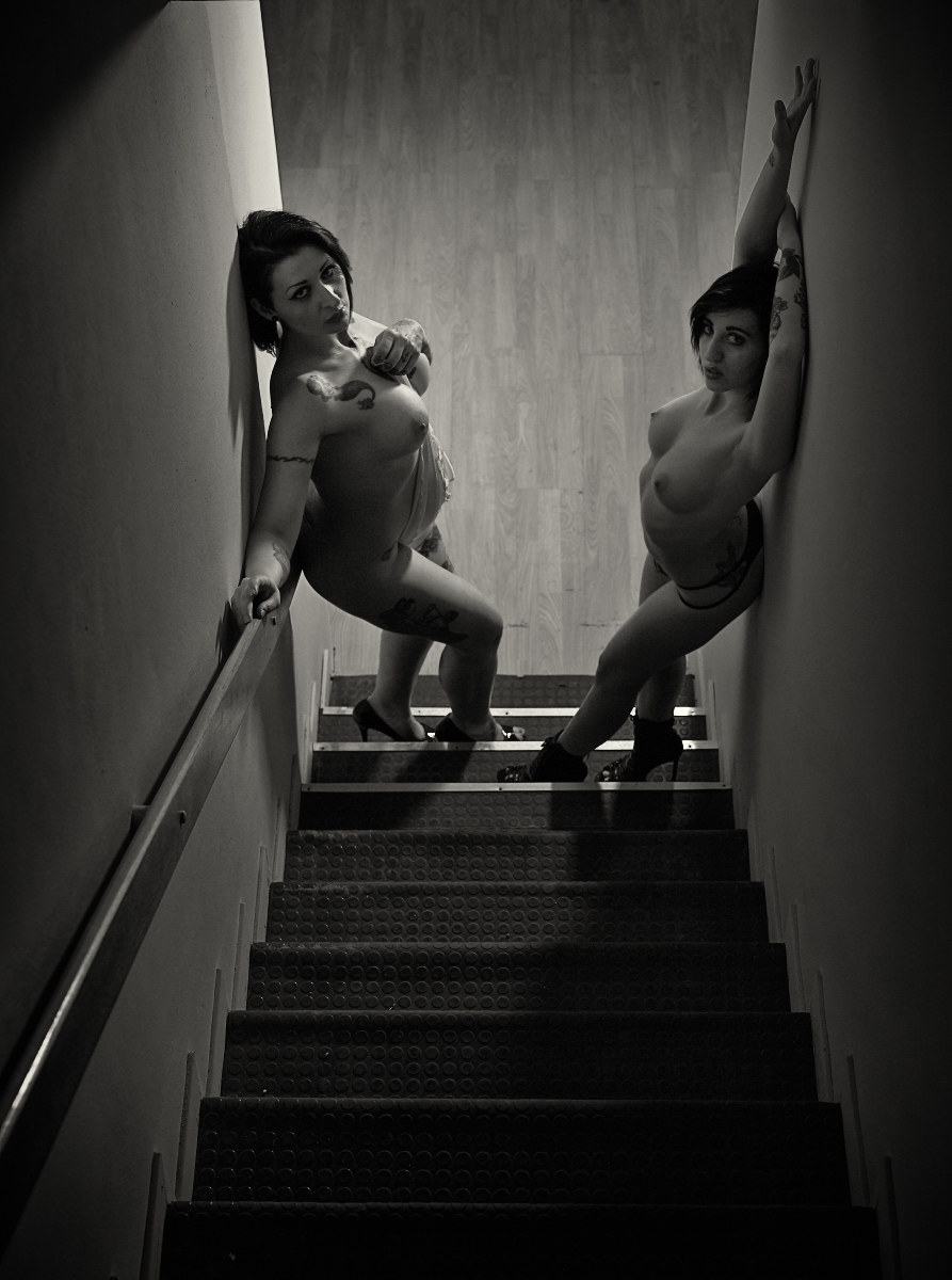 at the bottom of the stairs. .