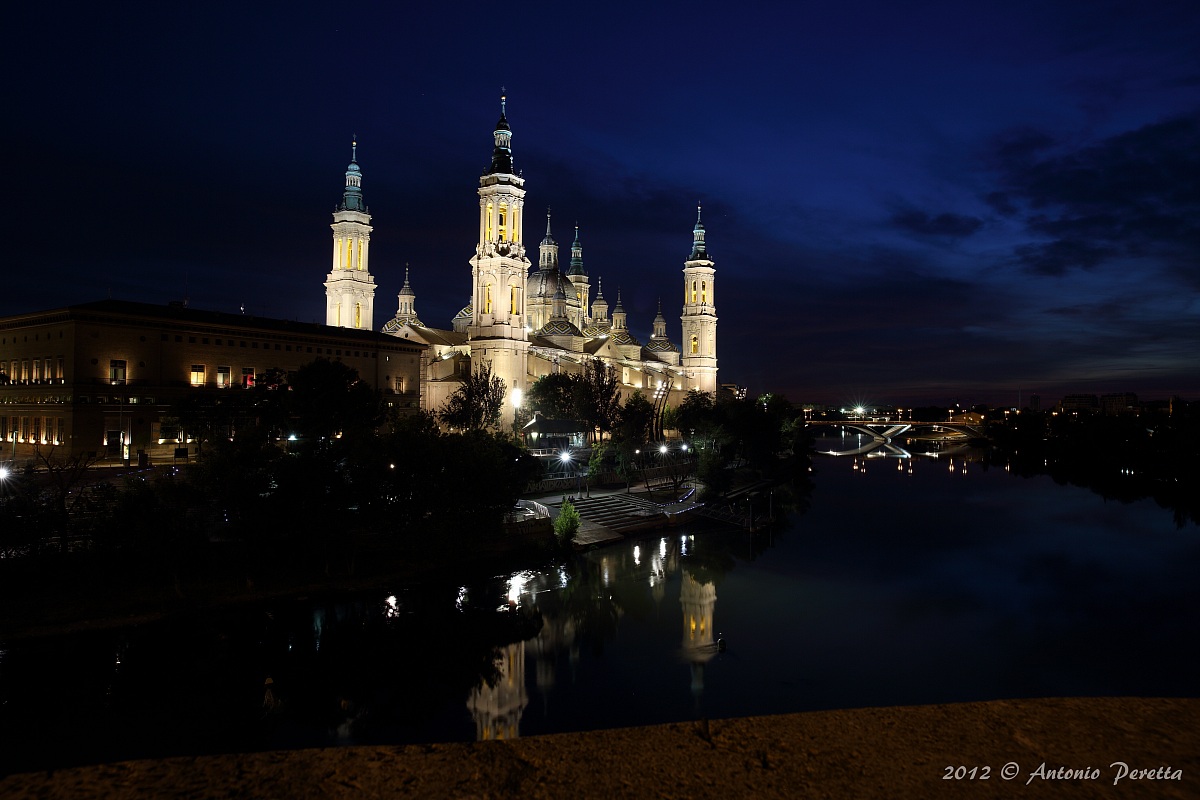 Pilar Basilica at night view from the bridge of stone
