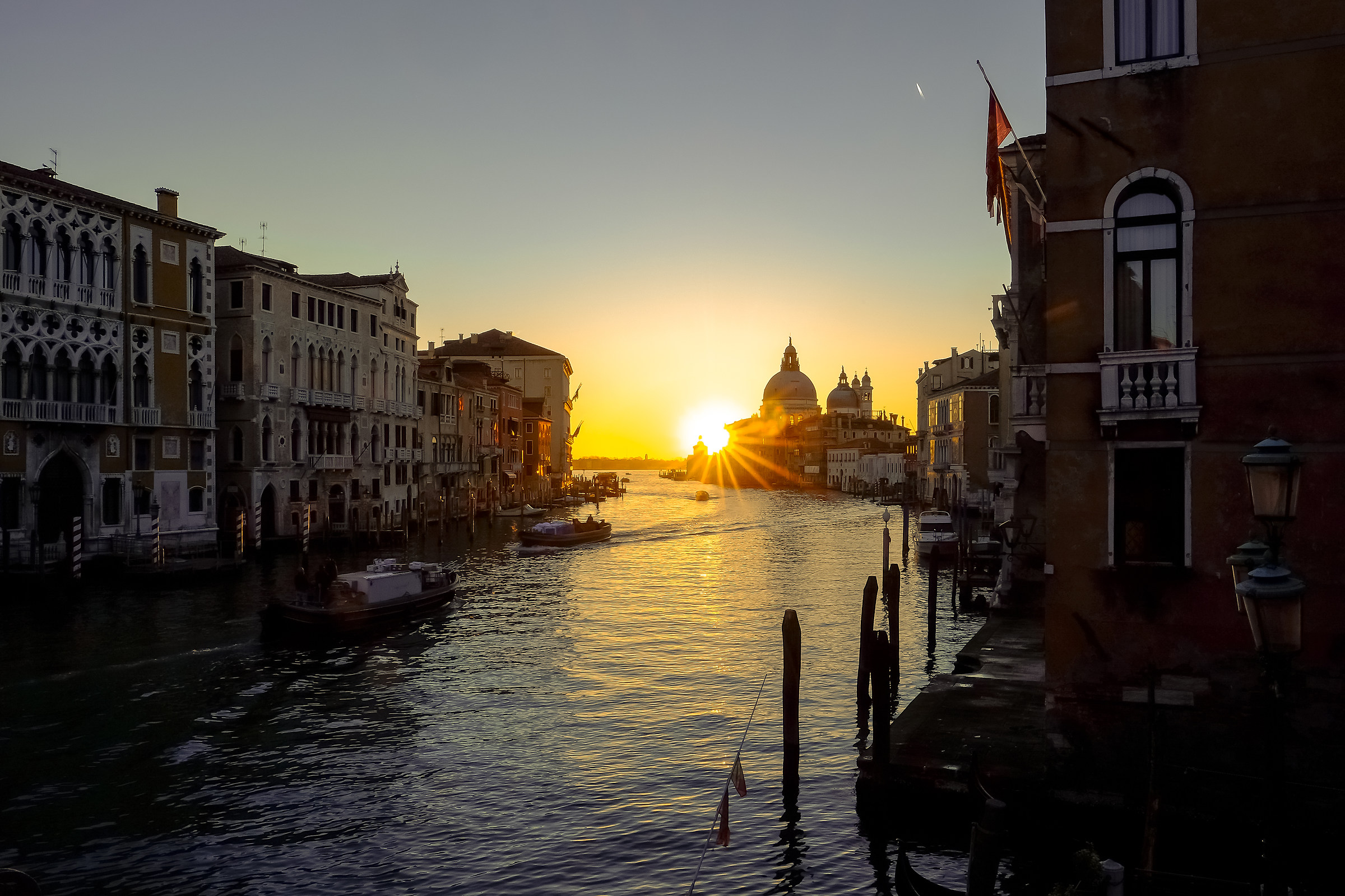 Venice, first rays of sunlight from the Accademia bridge