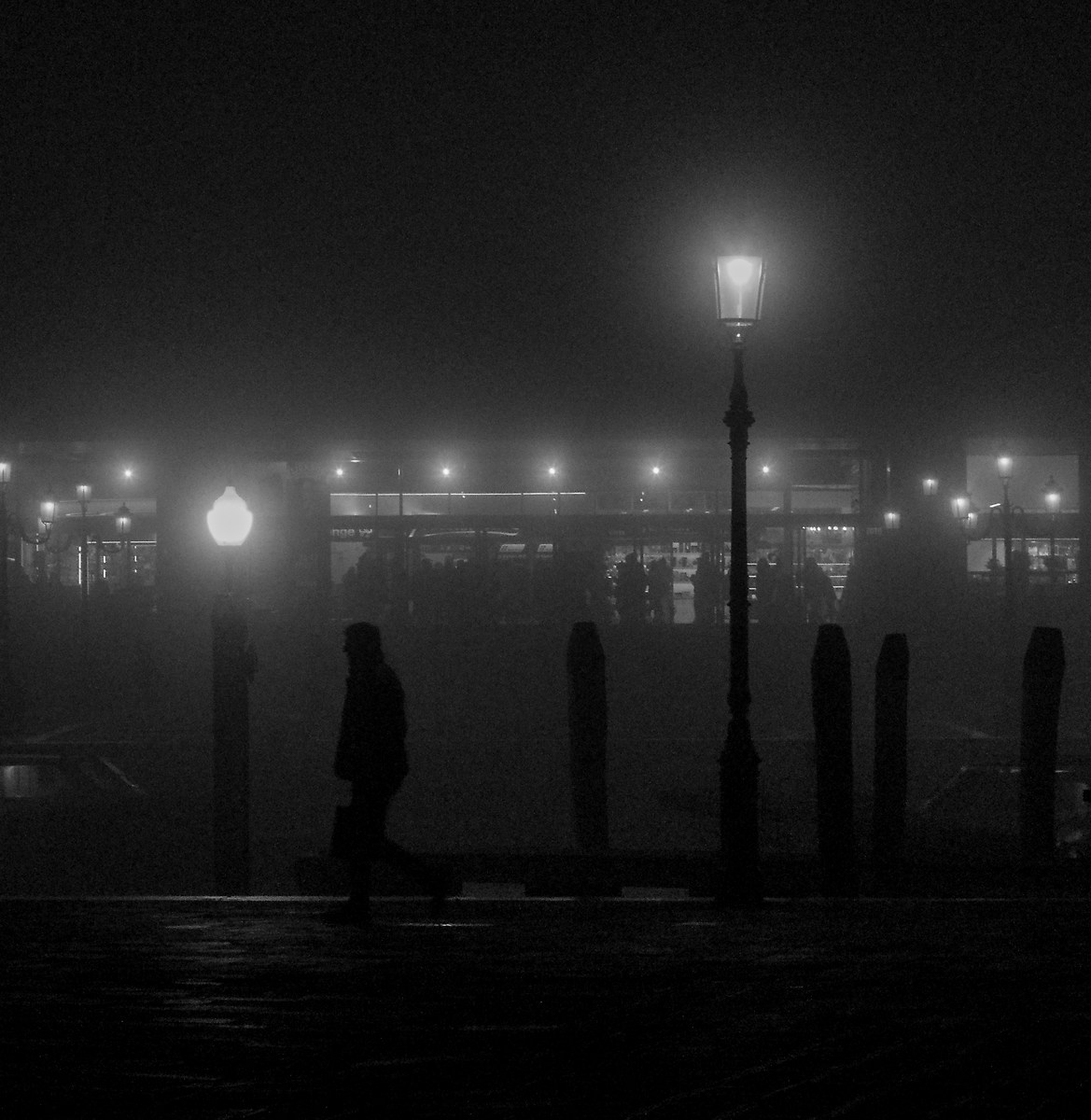 Streetlights in the Venetian mist.