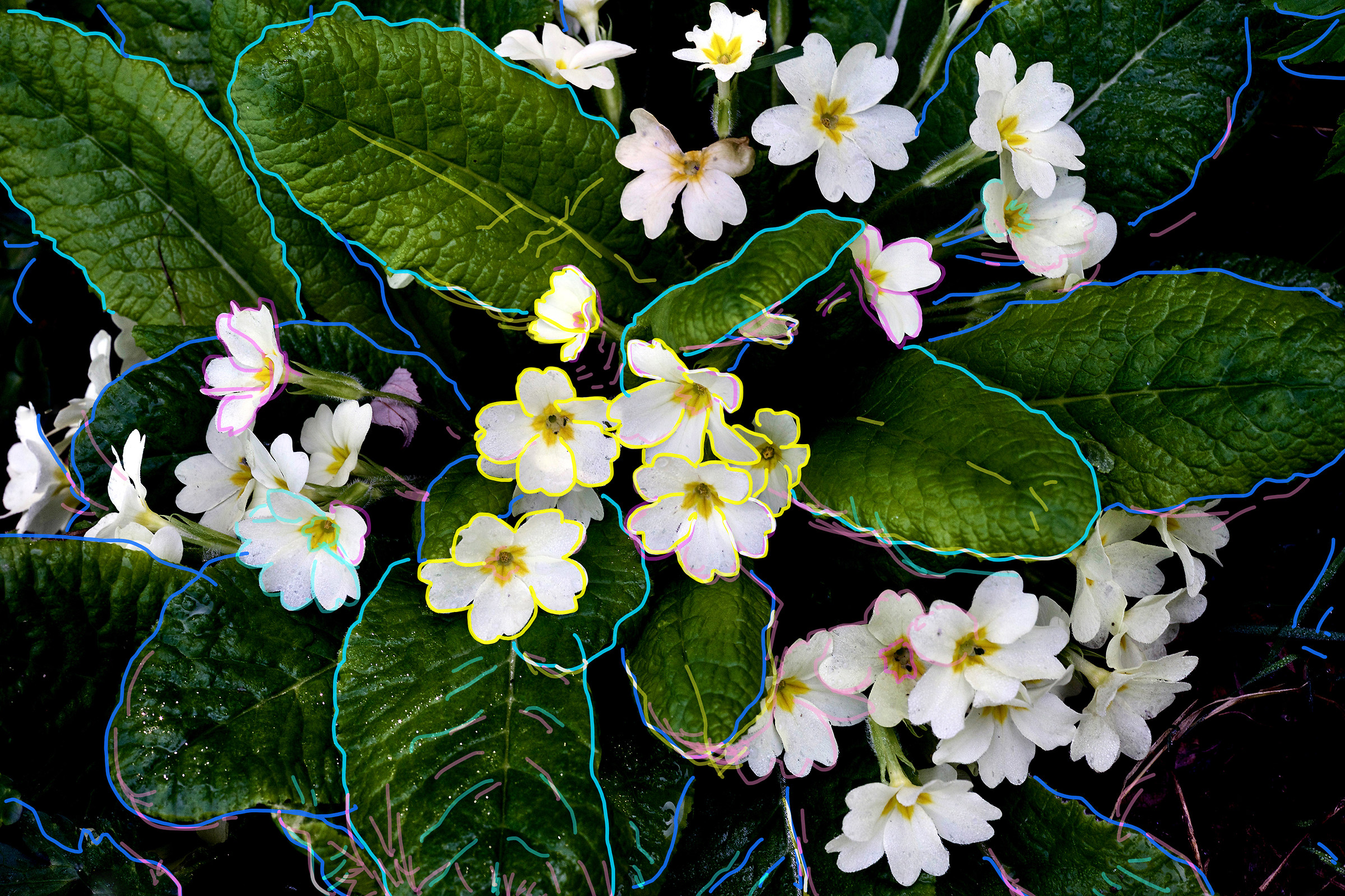 Primroses + colored signs