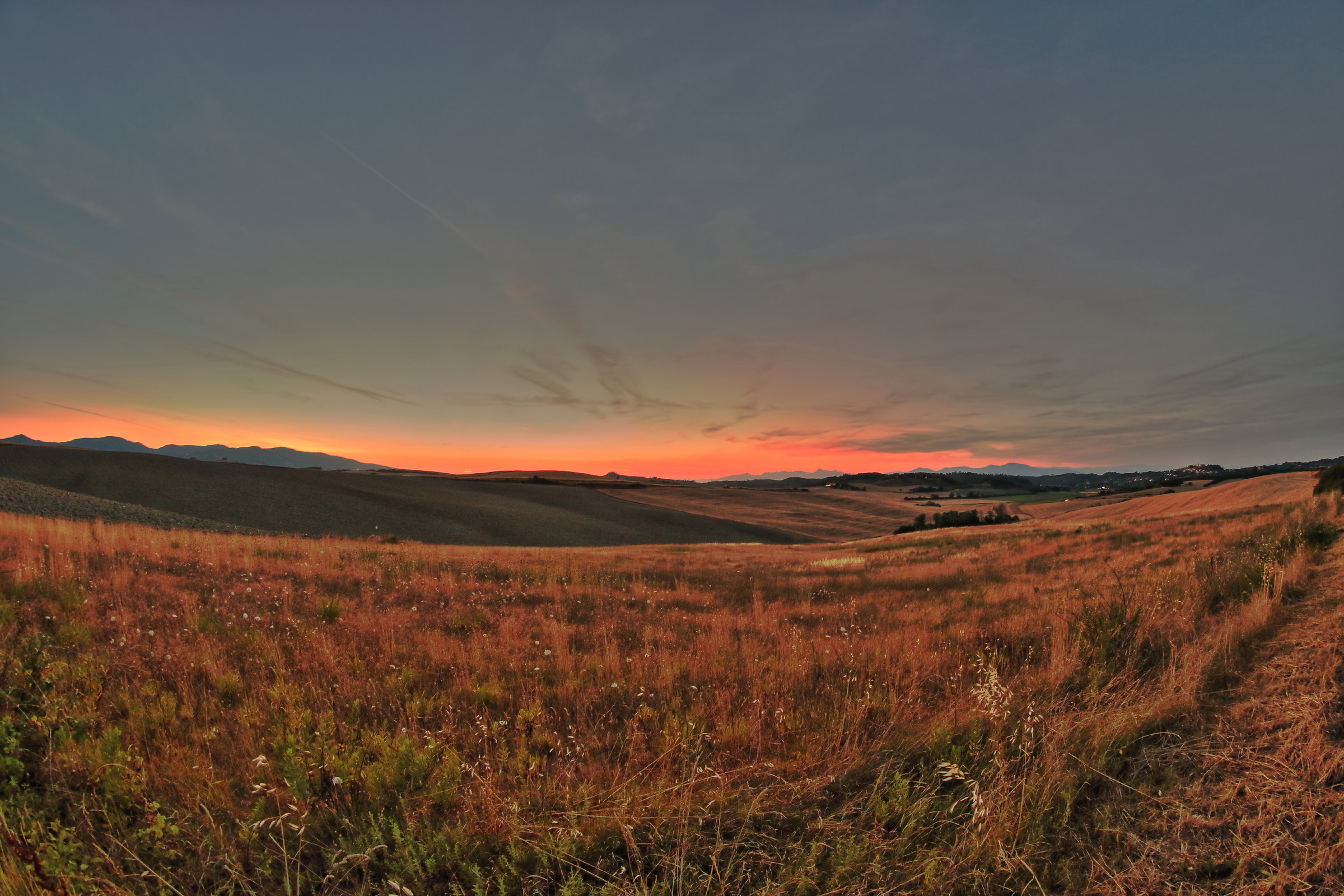 Campi di grano dopo la mietitura al tramonto (Lorenzana