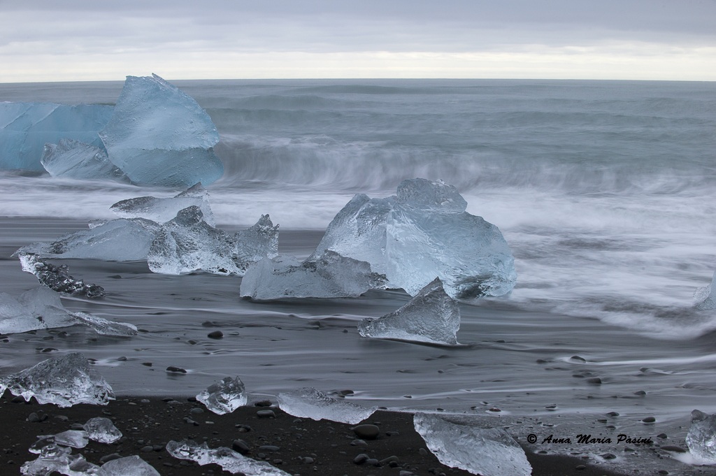 Lava sand beach dotted with icebergs
