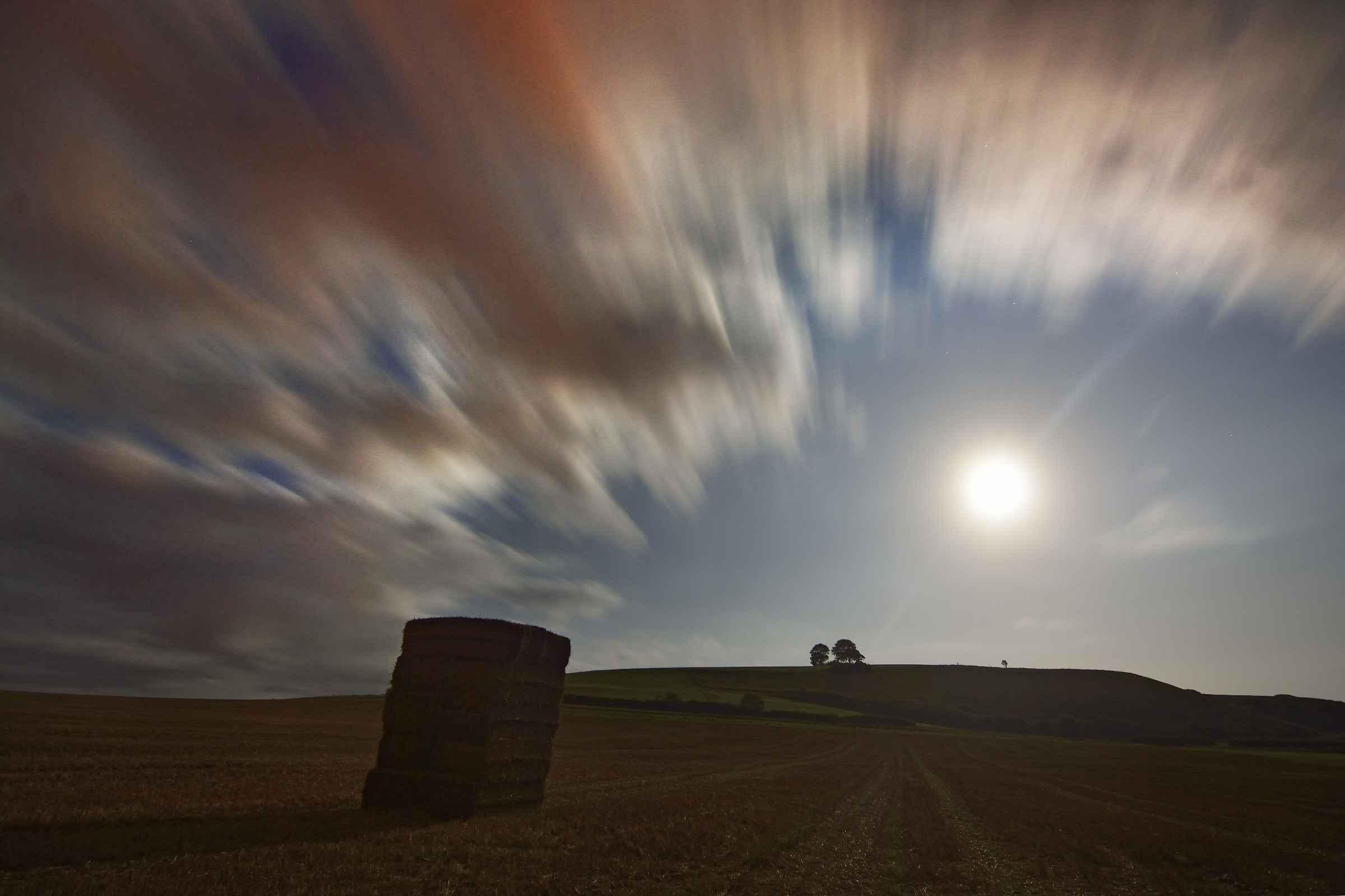 Tree Clump & Straw Bales, Full Moonlight