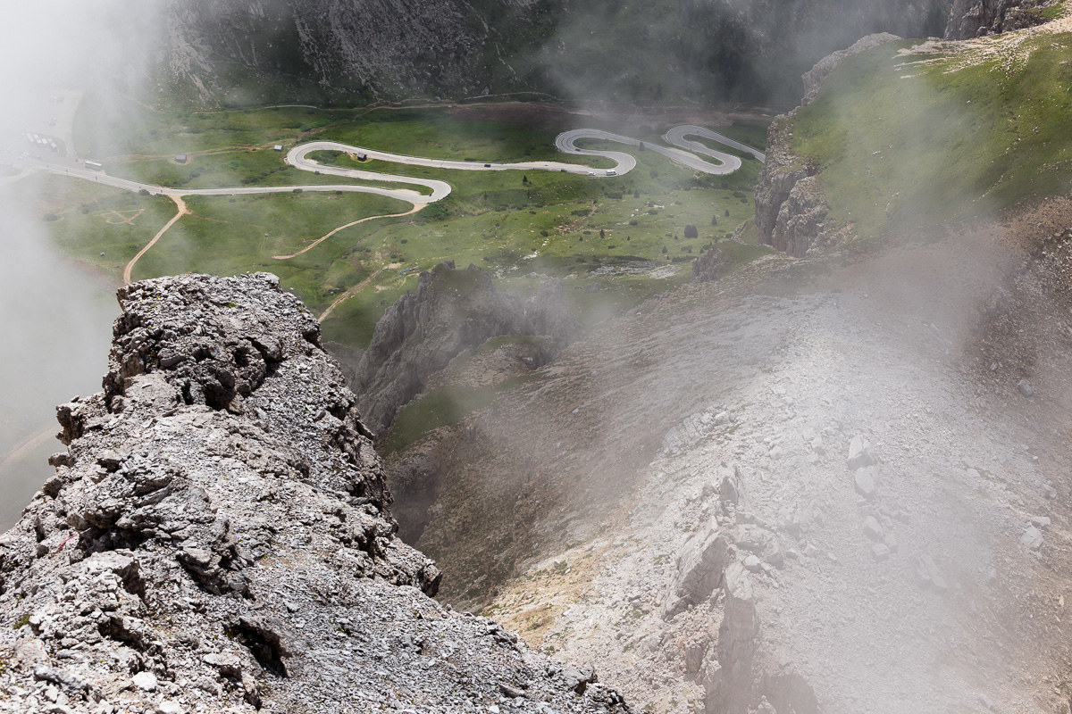 The road that leads to the Pordoi Pass, from the Sass Pordoi...