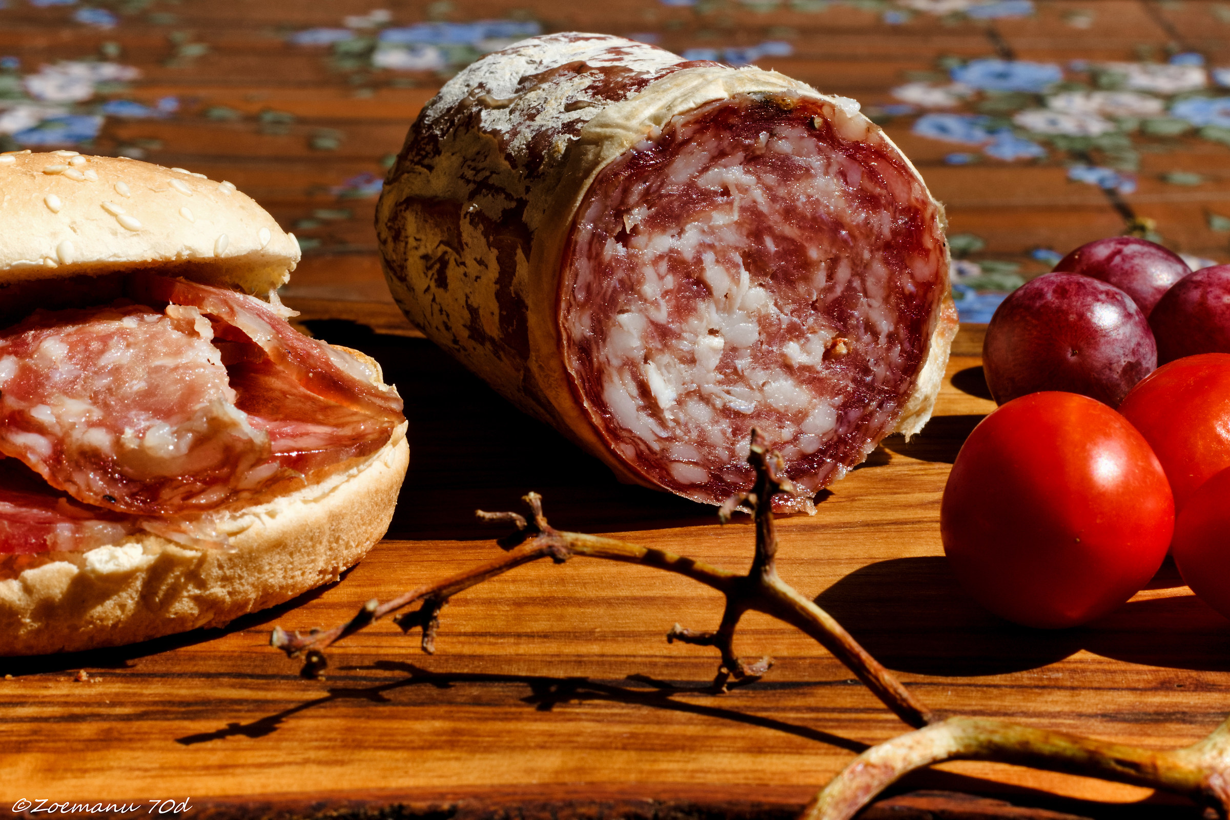 Bread and salami, fruit and vegetables!