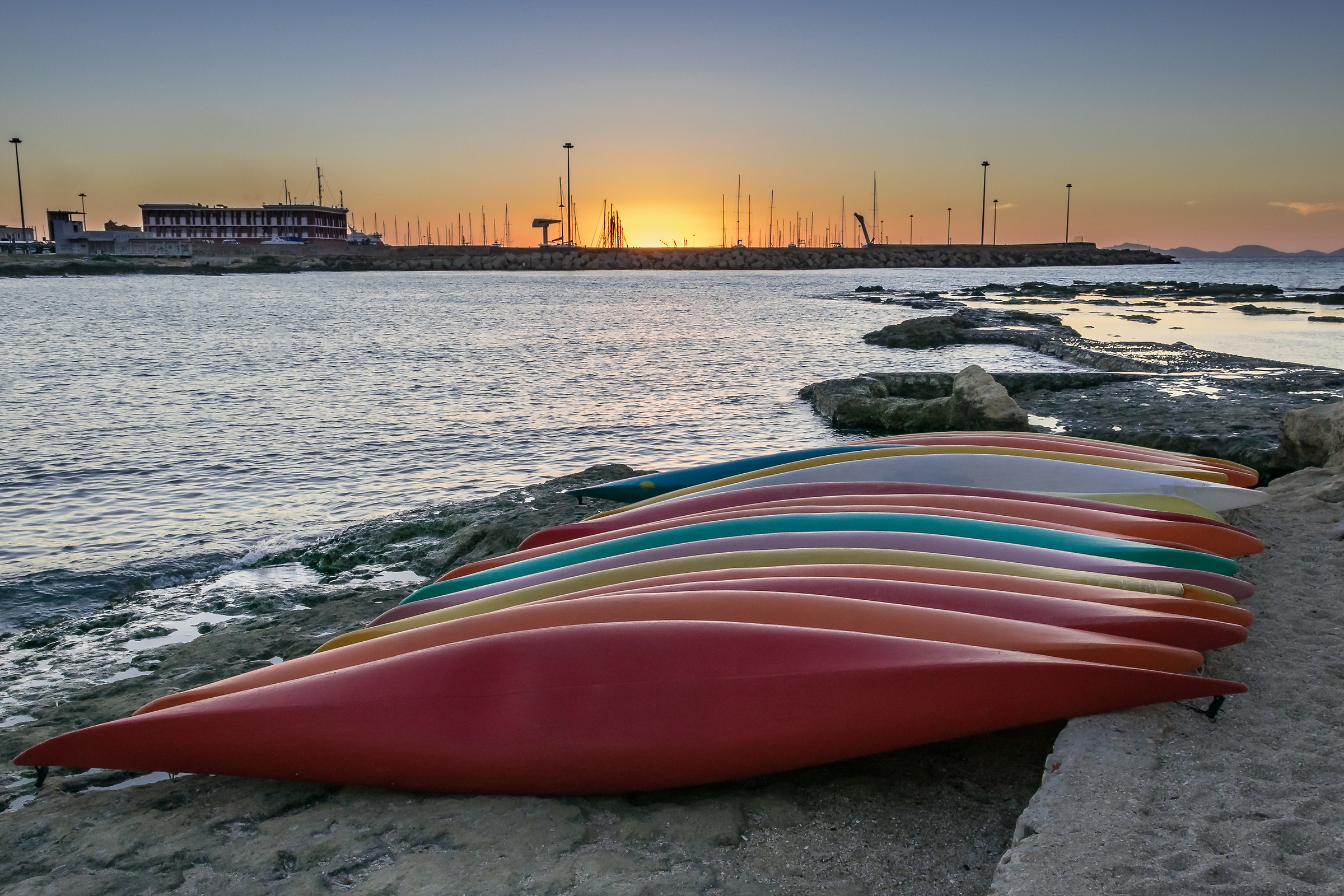 A rainbow of canoes
